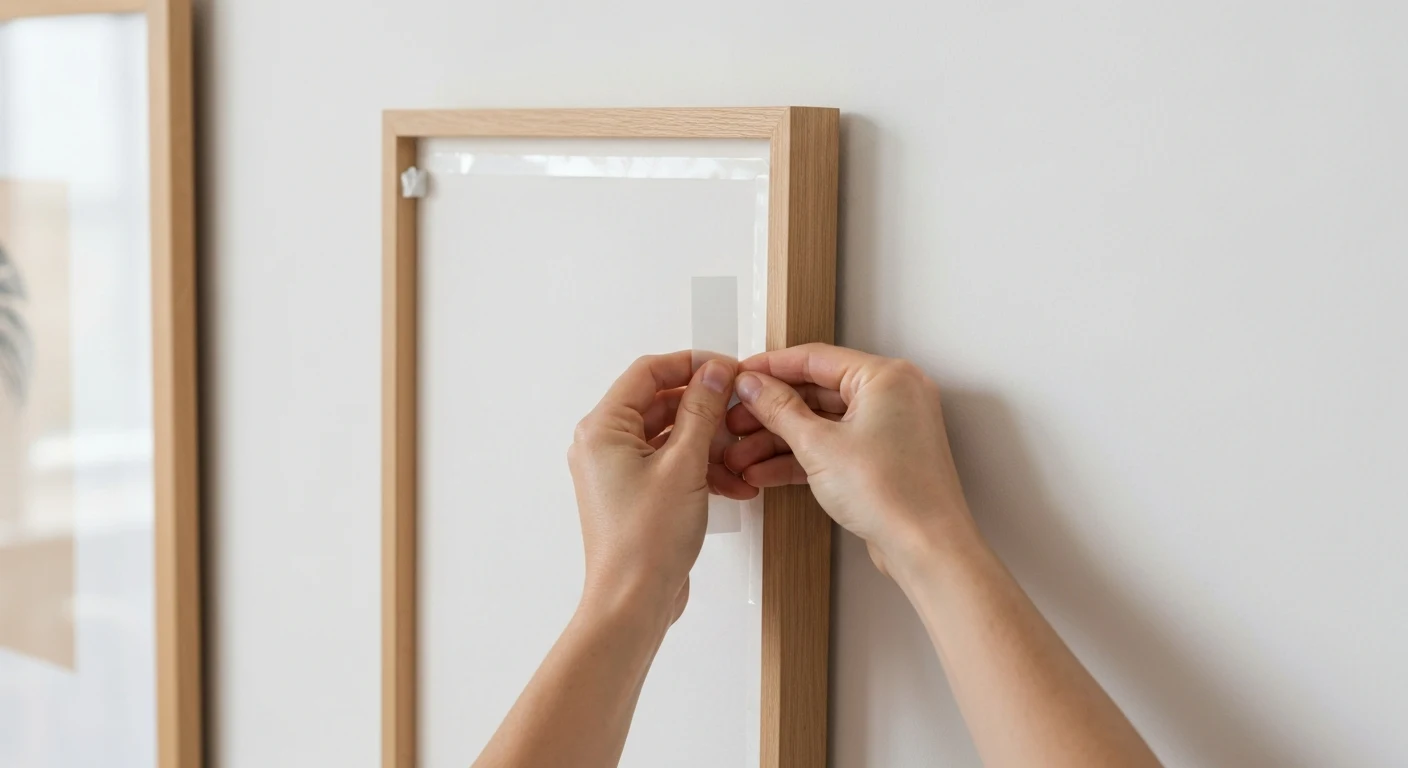 Close-up of hands applying removable adhesive strips to the back of a framed art print before mounting on a white apartment wall, bright natural light