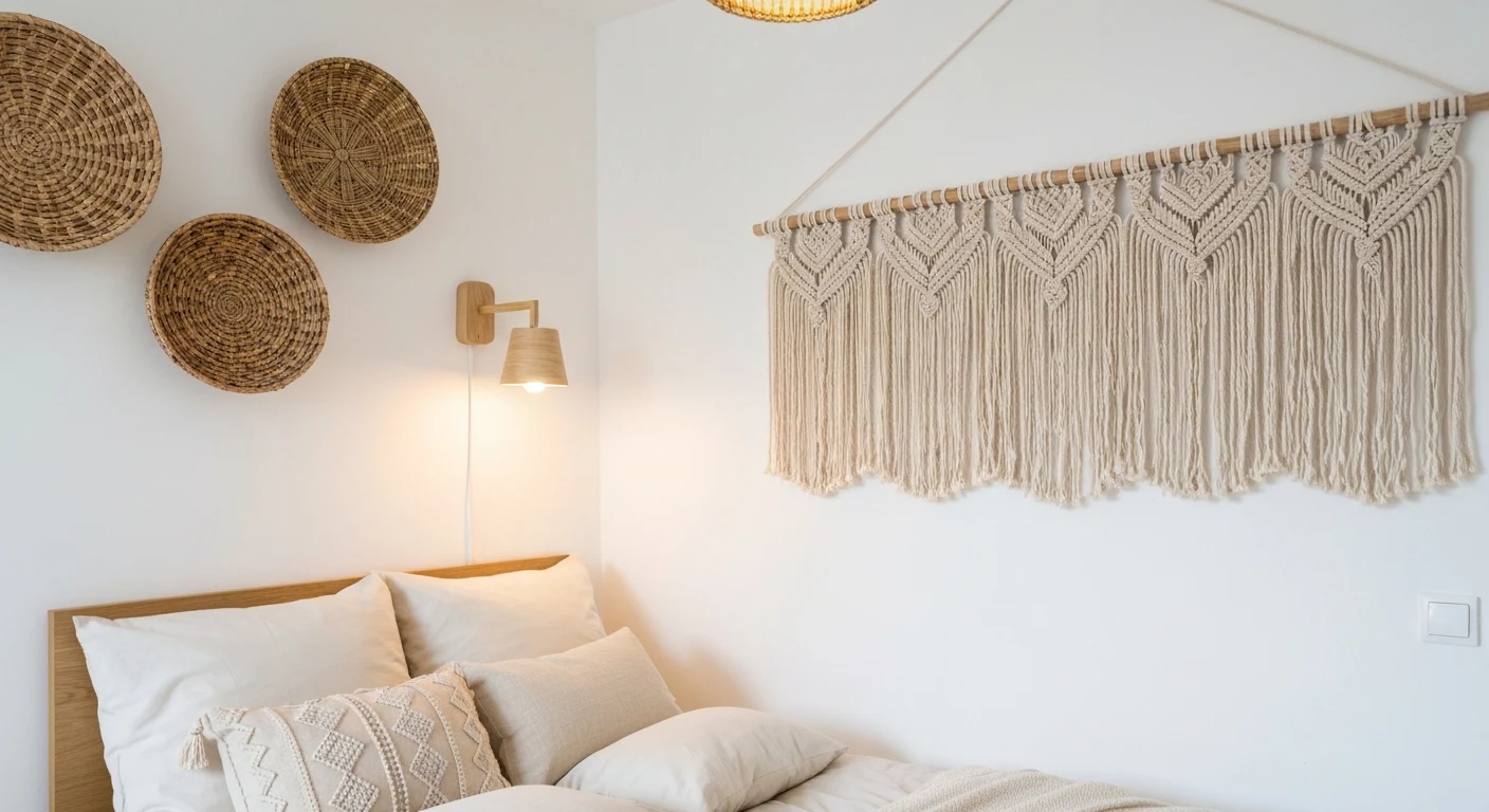 Cozy small apartment bedroom corner with macramé wall hanging above bed, woven baskets on white wall, warm ambient lighting, cream and beige textiles