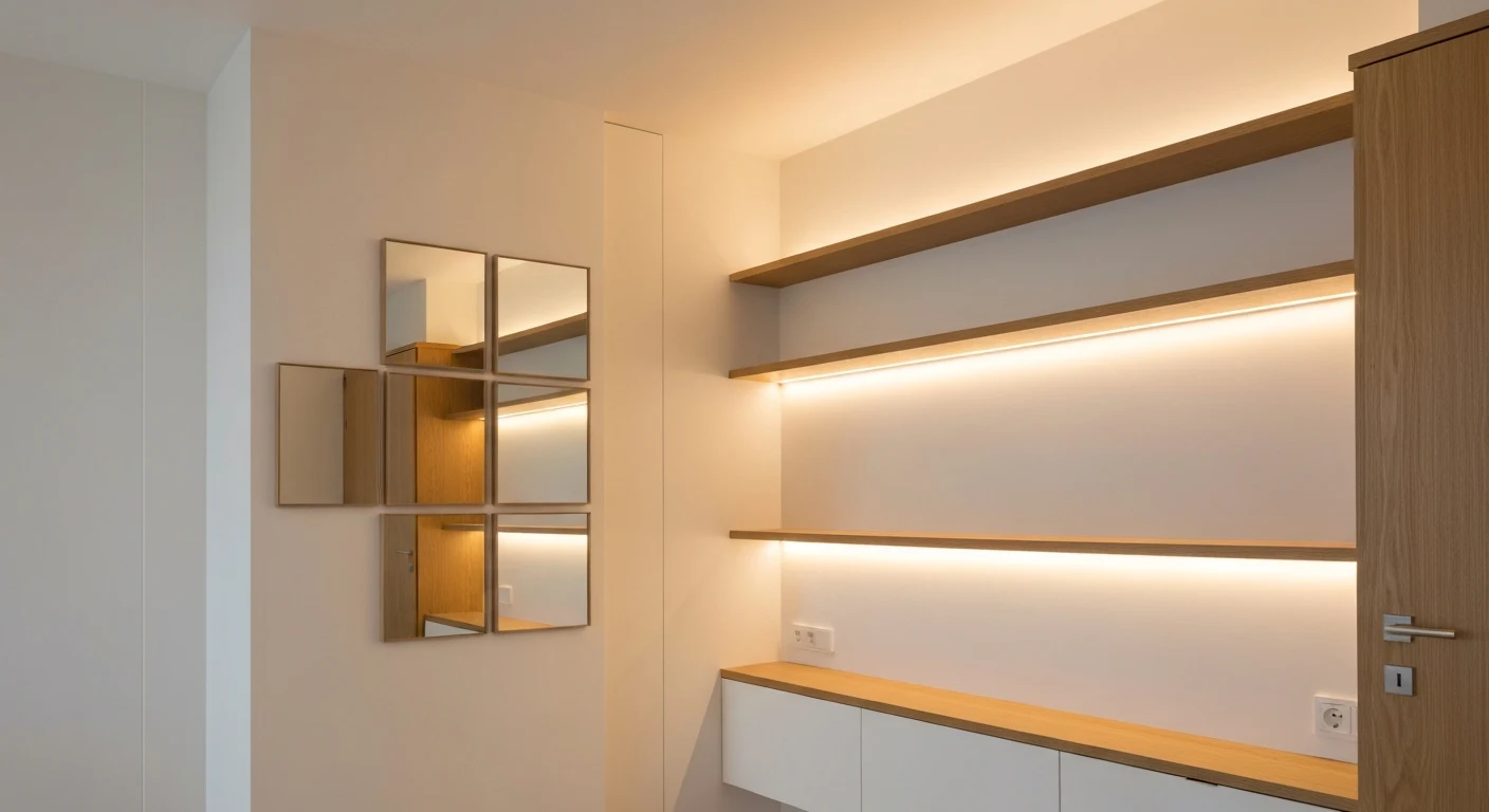 Small modern apartment room with LED strip lighting behind floating shelves, mirror collage on white wall, warm evening ambiance, minimal scandinavian style