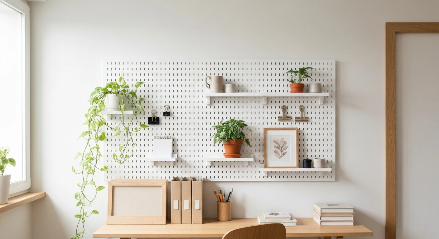 Bright small apartment workspace with white pegboard on wall holding plants, clips, small shelves, and framed art, organized desk below, natural light