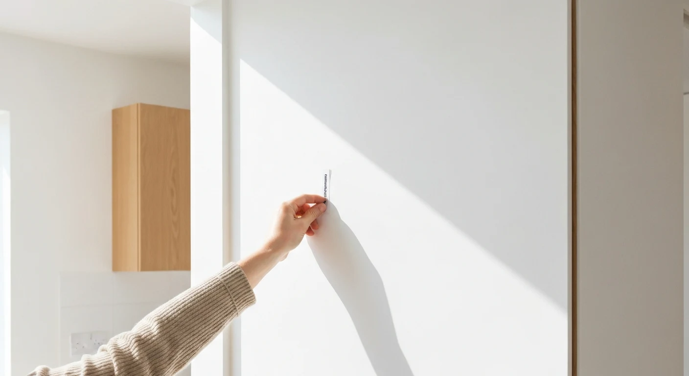Clean white apartment wall being inspected, person removing command strip cleanly, bright natural light, smooth wall surface, move-out preparation scene