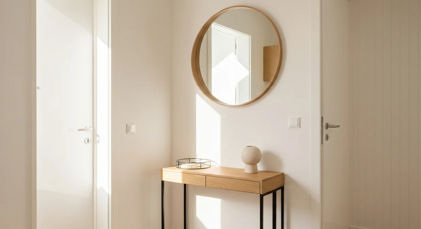 Bright small apartment entryway area with a narrow console table, round mirror, and small tray near the front door, warm natural light, minimalist styling