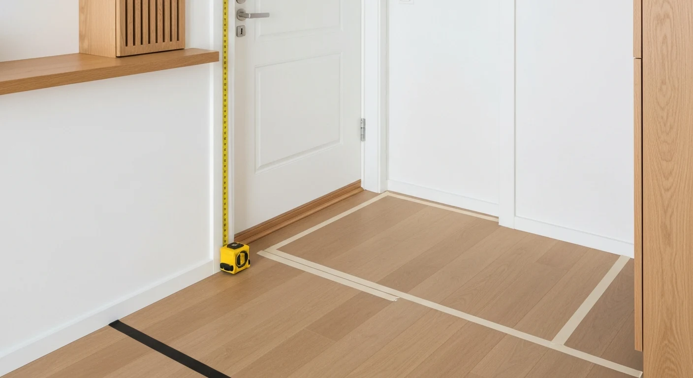 Overhead view of a small apartment floor plan near the front door area showing measurement tape and potential entryway zones marked with painter's tape on the floor