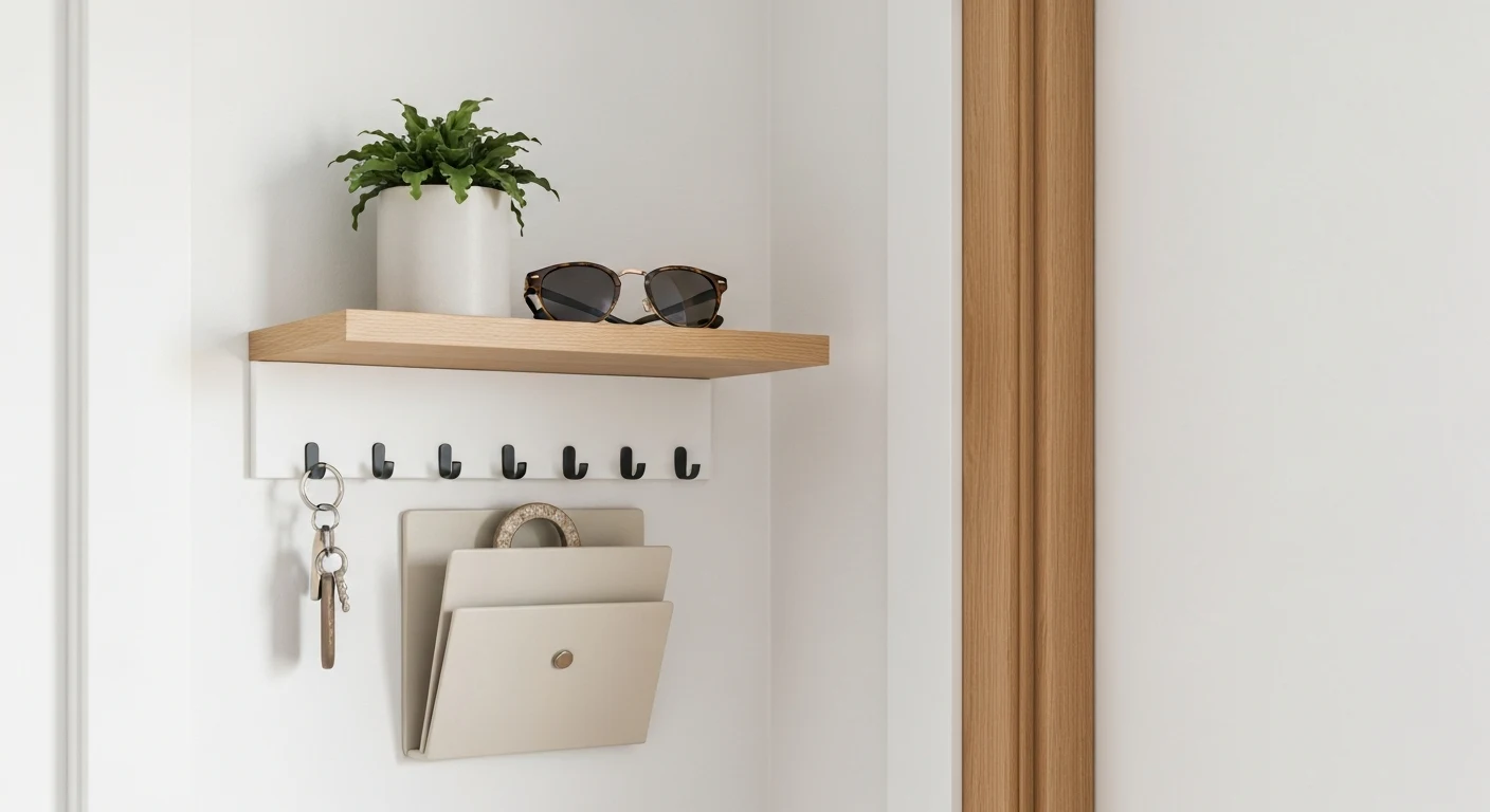 Close-up of a floating shelf mounted near an apartment front door with a small plant, key hooks underneath, mail organizer, and sunglasses, white wall, clean modern aesthetic