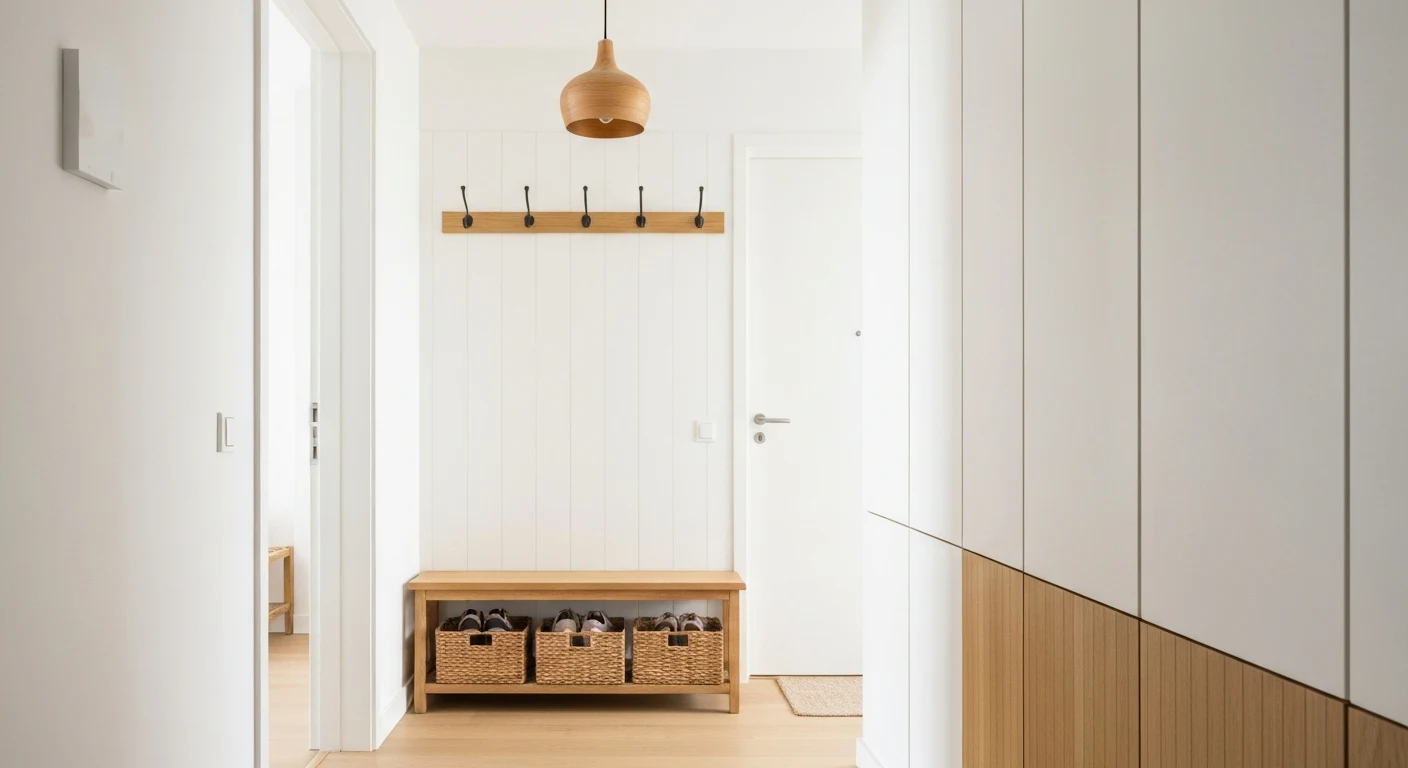 Narrow apartment hallway styled as an entryway with a slim wooden bench, woven baskets underneath holding shoes, coat hooks on the wall above, warm pendant light
