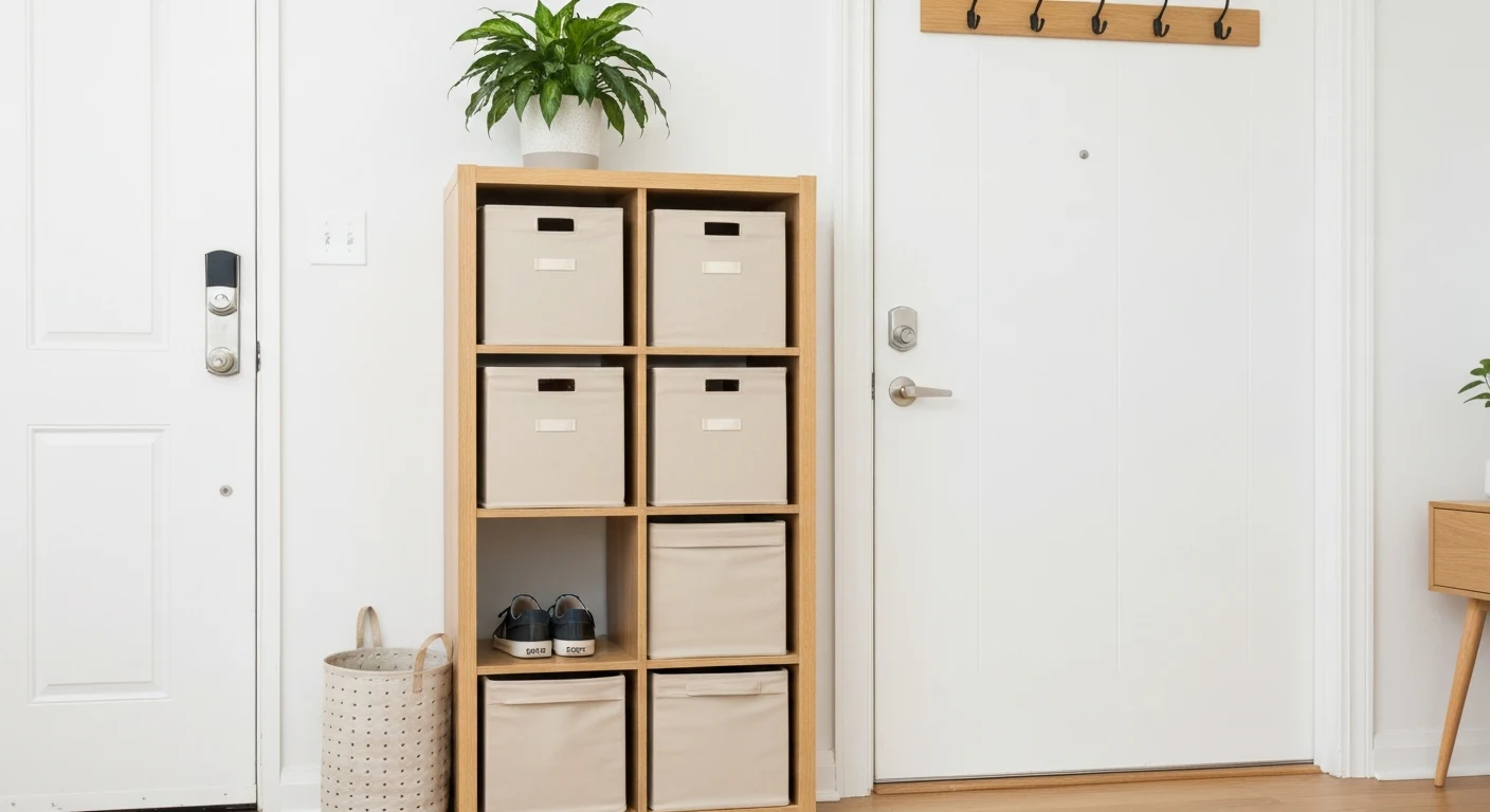A cube storage bookshelf unit positioned near an apartment front door, styled as a mudroom alternative with labeled fabric bins, hooks on the wall above, a plant on top, one cubby holding a pair of sn