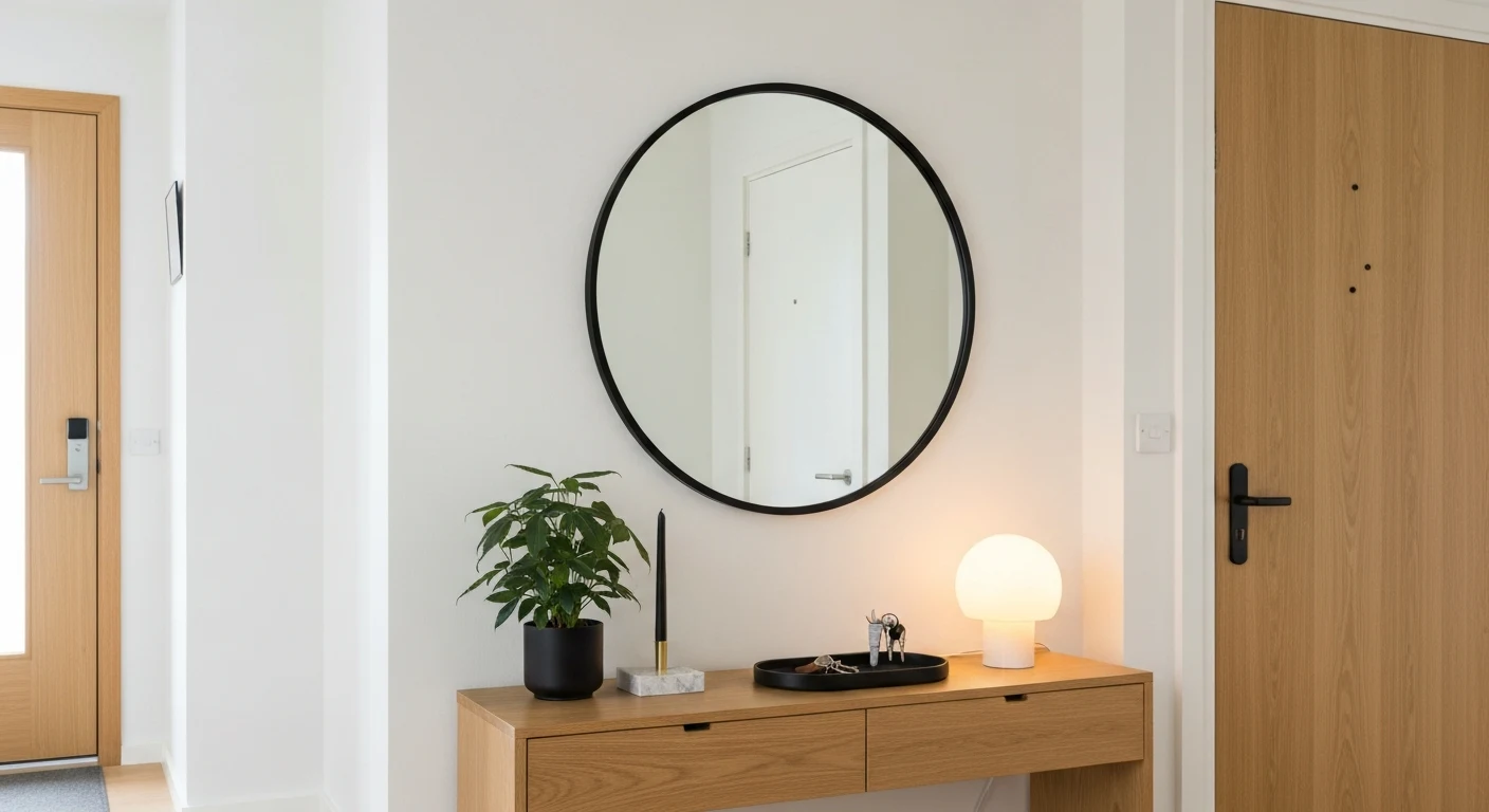 Styled apartment entryway vignette with a console table, round mirror above, small plant, key tray, and soft warm lamp, minimal and curated aesthetic, dark moody styling