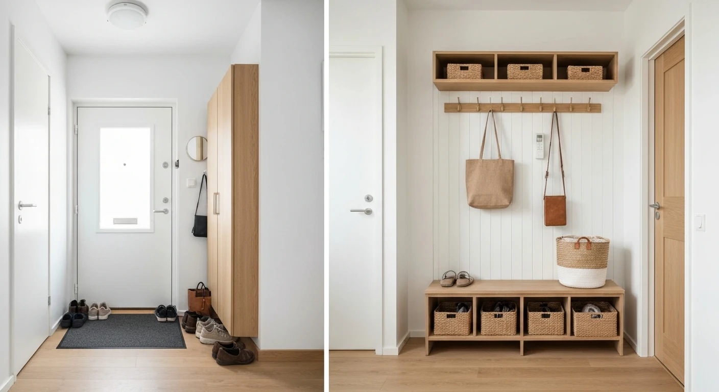 Before and after split image of an apartment front door area, left side showing cluttered shoes and bags, right side showing an organized entryway with a bench, hooks, and baskets