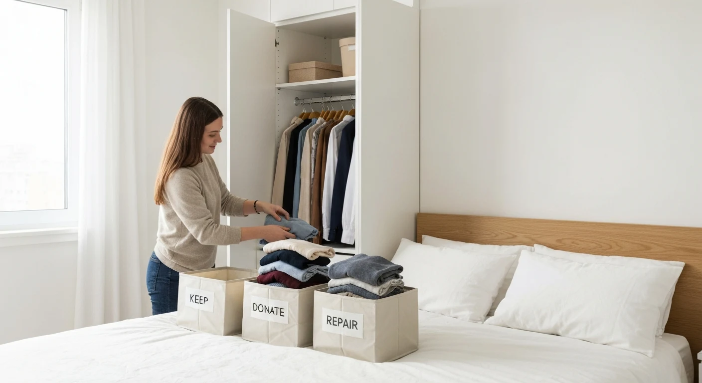 Person sorting clothing from a small closet into neat piles on a bed in a bright apartment bedroom, four labeled fabric bins for keep, donate, repair, and toss — keywords: "closet declutter sorti