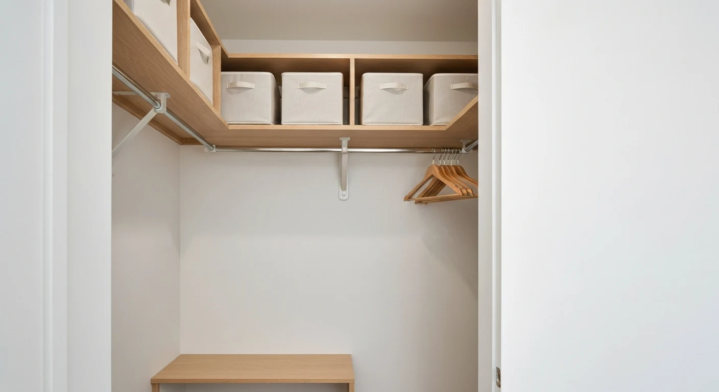 Small apartment reach-in closet with double hanging rods, shelf risers on the top shelf, and fabric storage bins near the ceiling, maximizing vertical space — keywords: "small closet vertical sto
