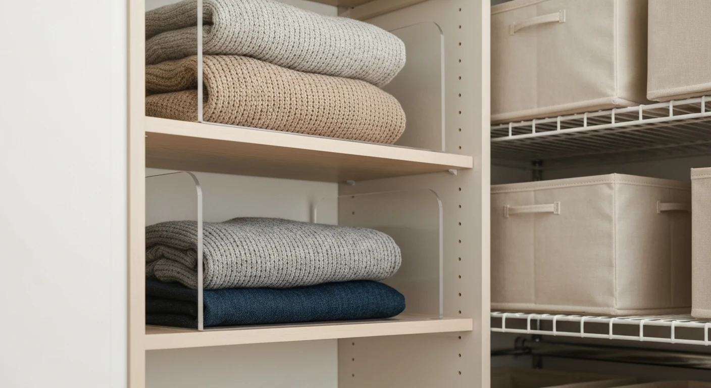 Close-up of a closet shelf with acrylic shelf dividers separating neatly folded sweaters and jeans, a wire shelf riser creating a second tier with fabric bins — keywords: "closet shelf dividers o
