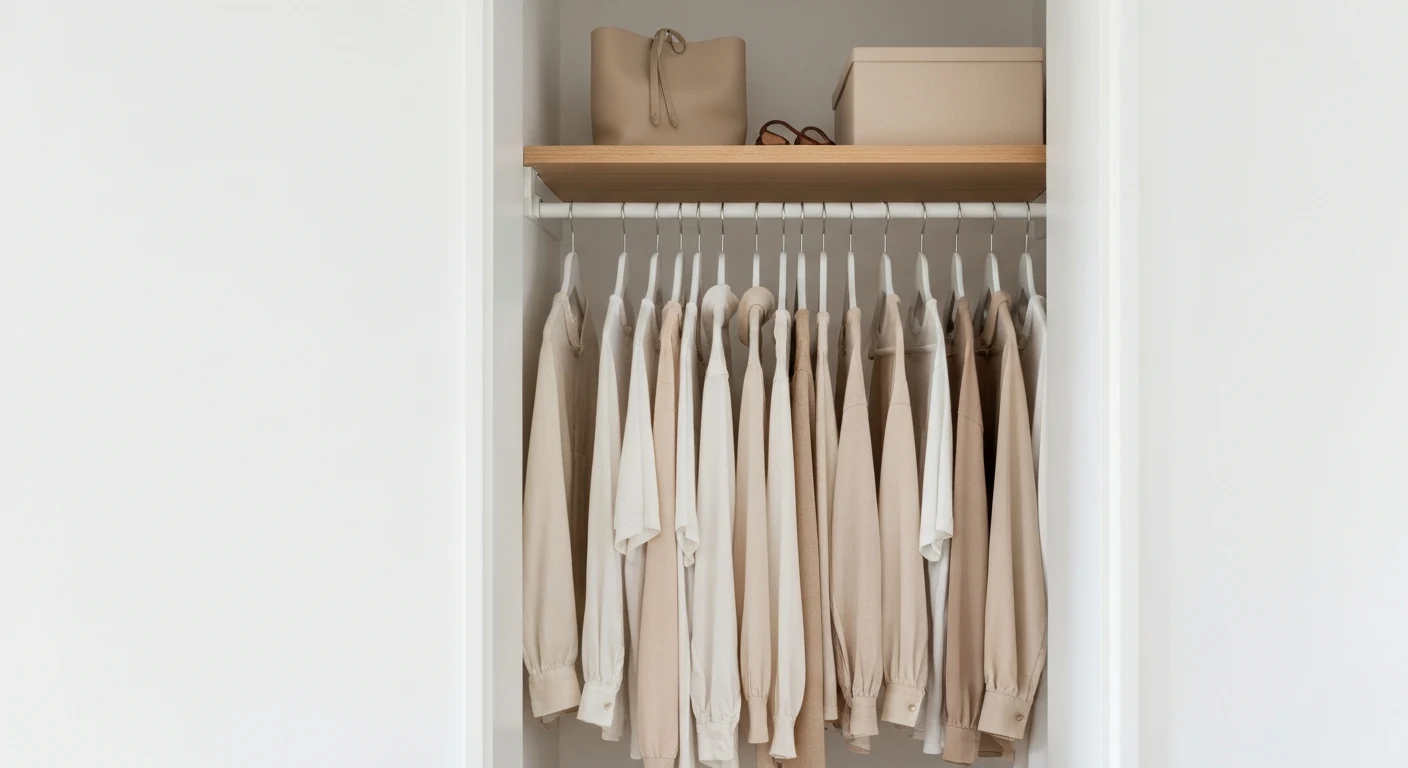 Minimal capsule wardrobe hanging in a small closet with neutral tones, approximately 40 items with visible spacing between hangers, a few accessories on the shelf above — keywords: "capsule wardr