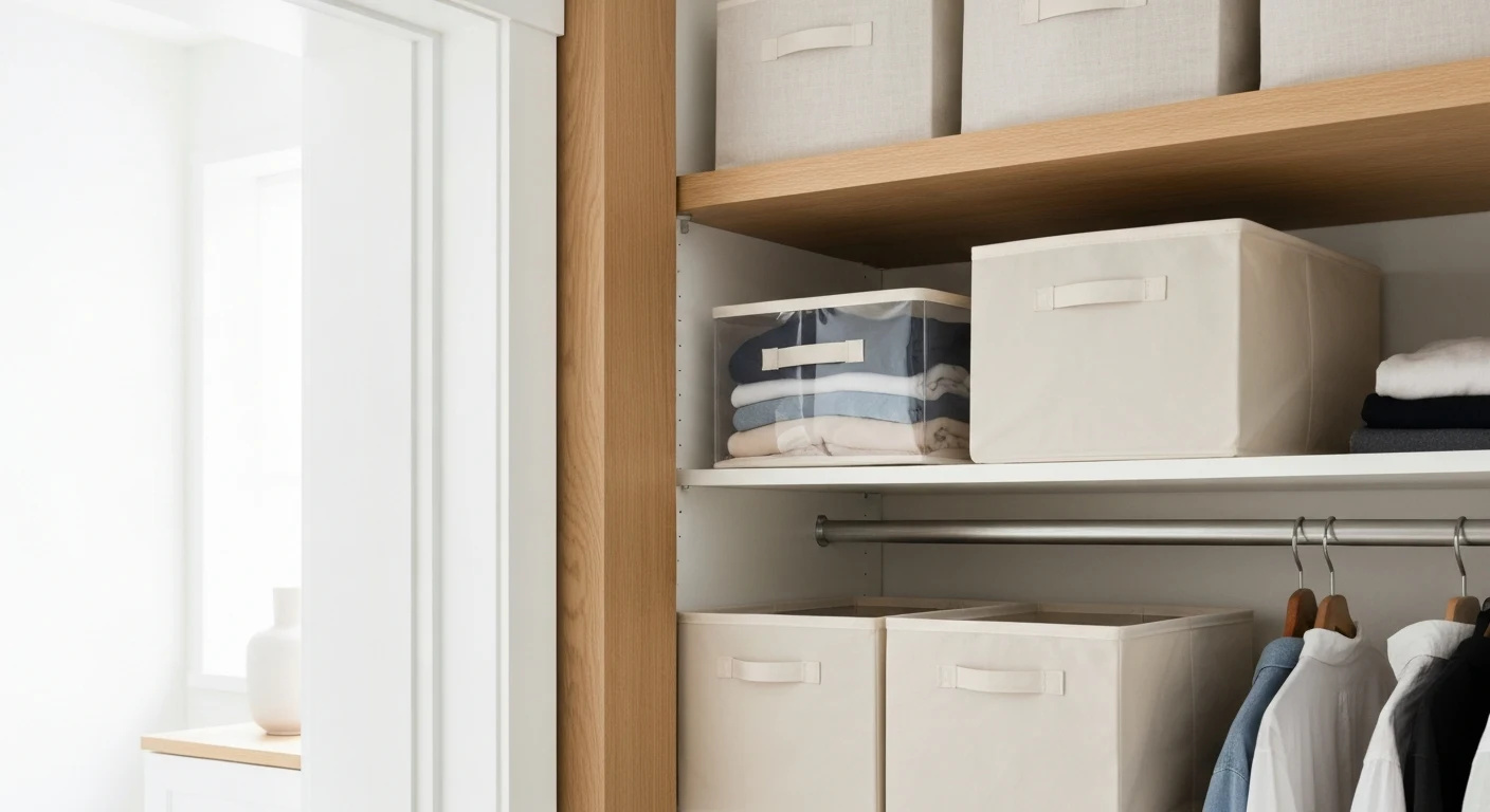 Labeled fabric storage bins neatly stacked on a closet top shelf, with seasonal clothing visible through semi-transparent lids, clean and organized apartment closet — keywords: "seasonal closet r