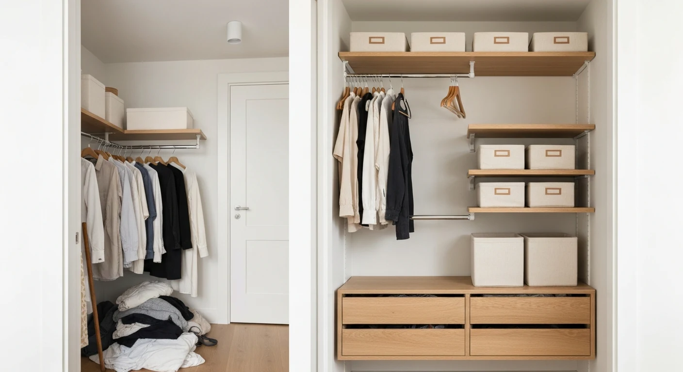 Before and after split image of a small apartment closet makeover, left side messy and overstuffed, right side neatly organized with slim hangers, shelf dividers, and labeled bins — keywords: "cl