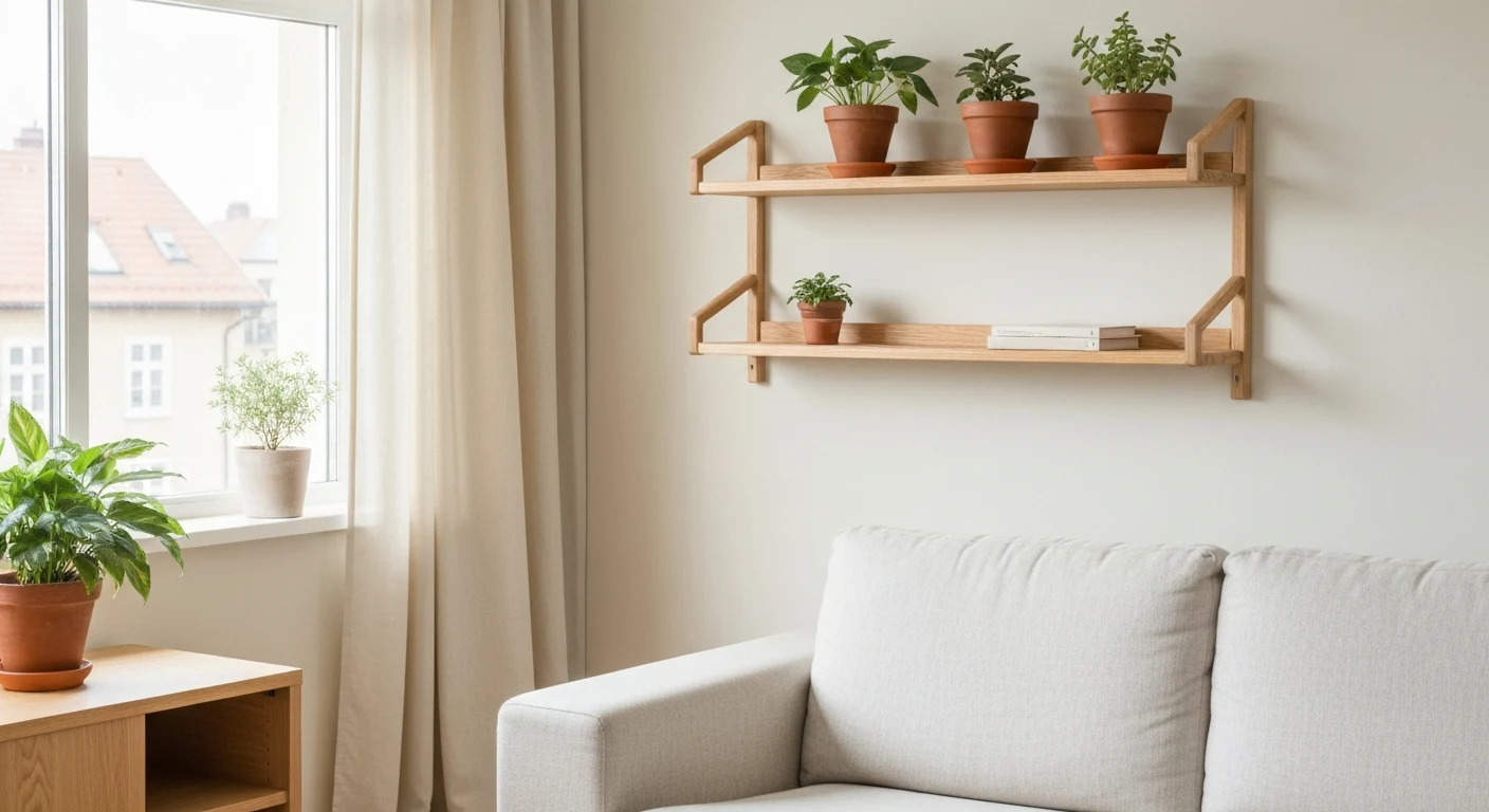 renter-friendly plant shelf using tension rod and command strip hooks in apartment