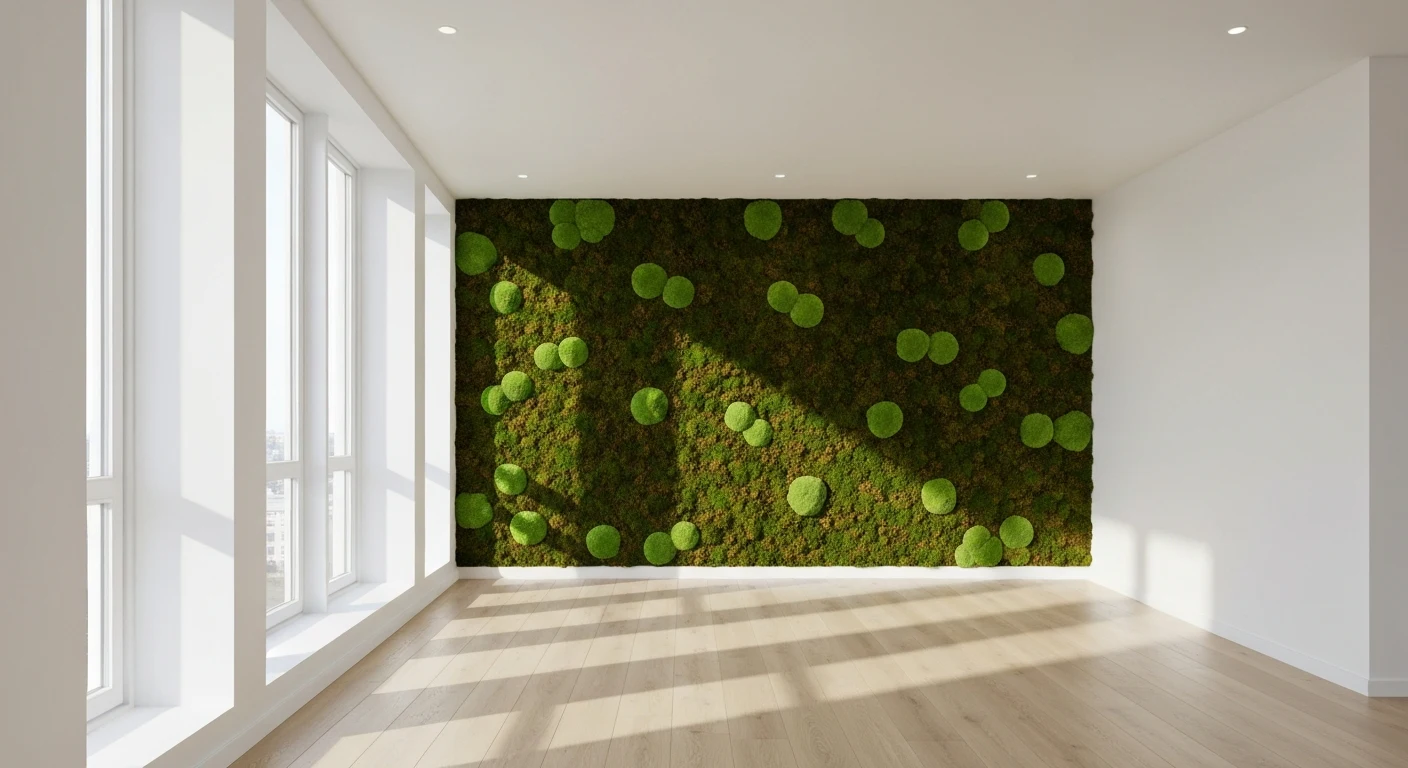 preserved moss wall panel mounted in modern apartment living room
