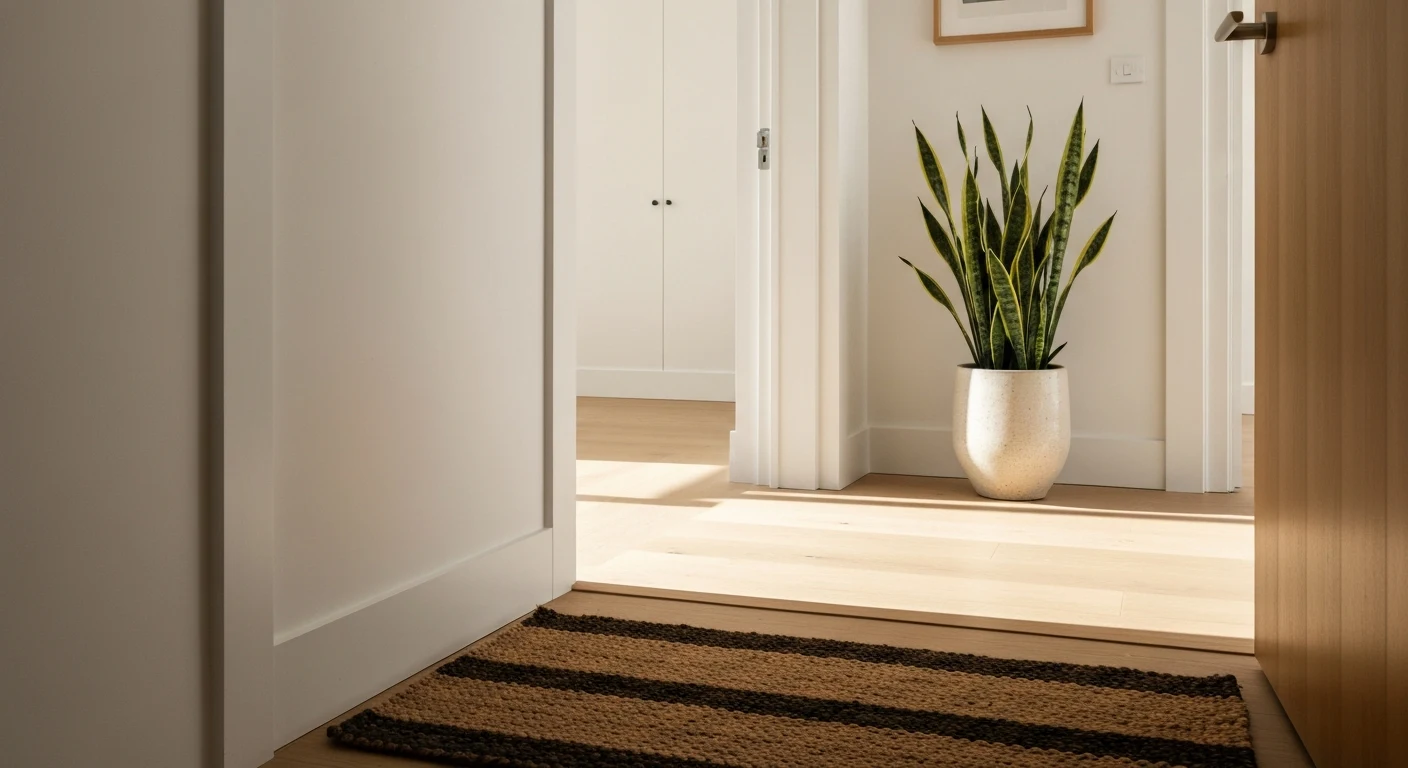 apartment entryway with single snake plant in ceramic pot and natural fiber doormat