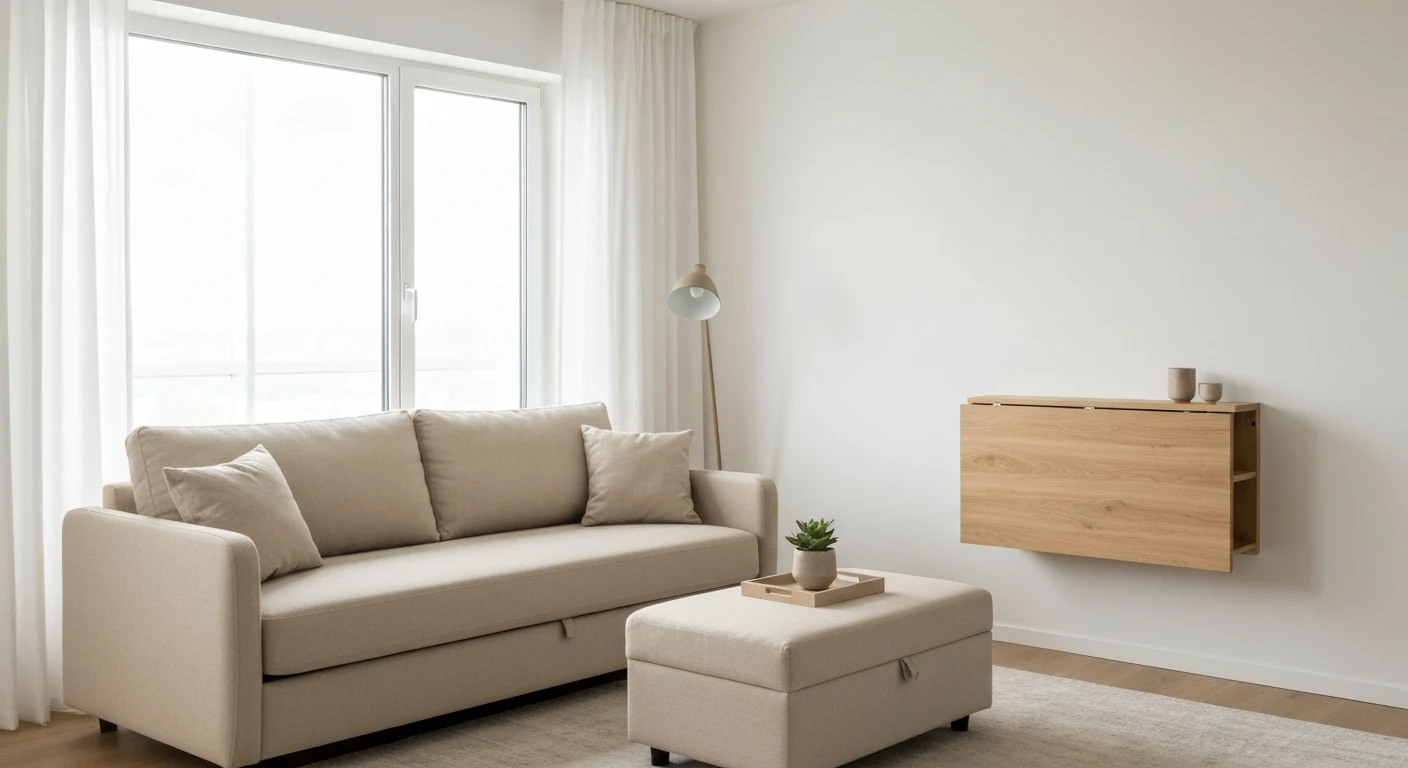 Stylish small apartment living room with multifunctional furniture including a sleeper sofa, storage ottoman, and wall-mounted folding desk, warm neutral tones