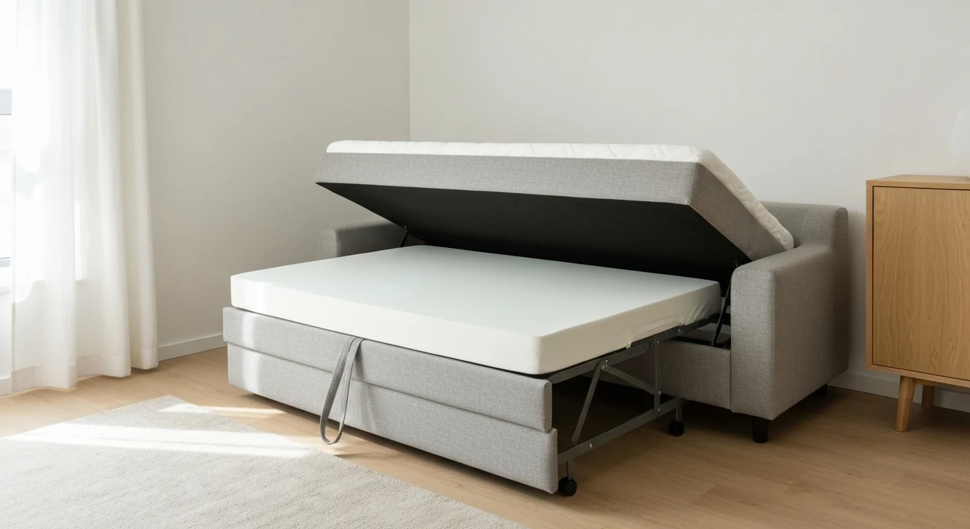 Modern pull-out sleeper sofa with memory foam mattress in a small apartment living room, half-opened to show the bed mechanism, neutral gray upholstery