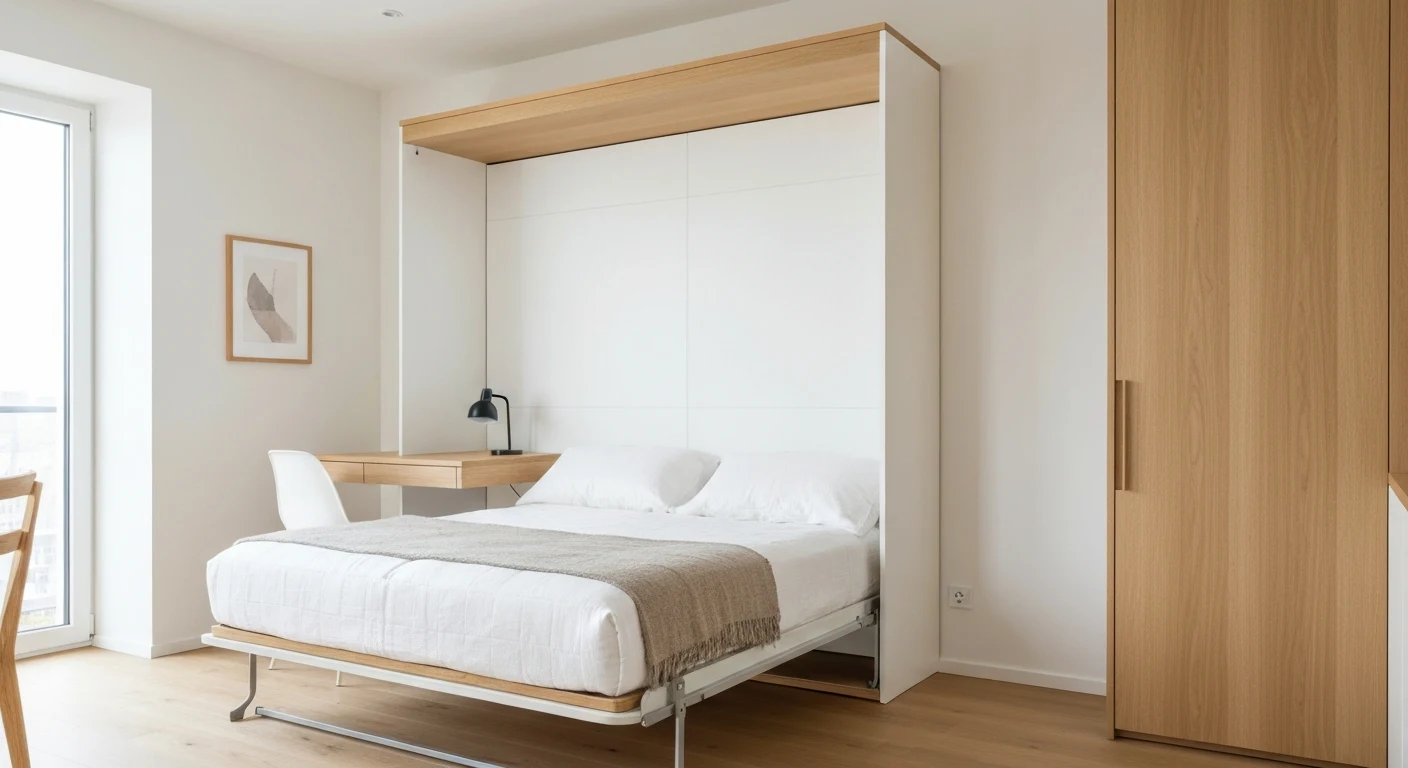 Murphy bed folded up against the wall in a bright studio apartment with a small desk and open floor space visible, clean minimalist design