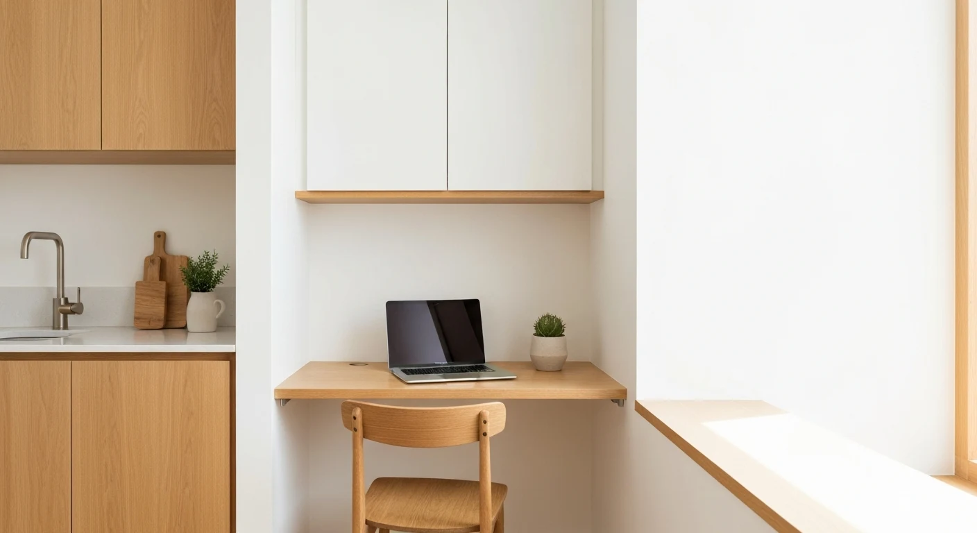 Wall-mounted fold-down desk in a small apartment kitchen nook area, laptop on the desk surface with a simple wooden chair, bright natural light
