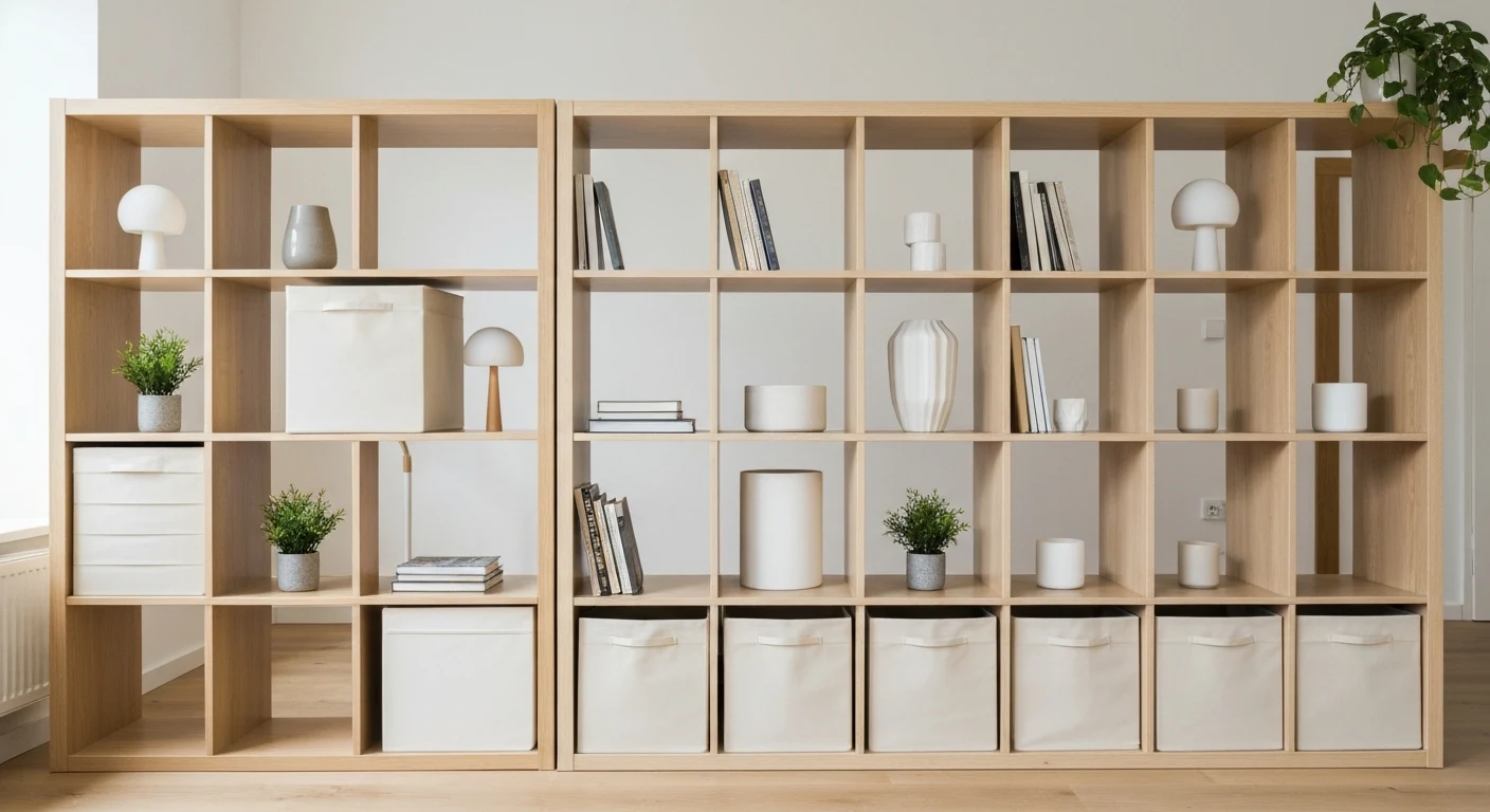 Cube shelving unit used as a room divider in a studio apartment, some cubes with fabric bins and others with books and plants, warm lighting