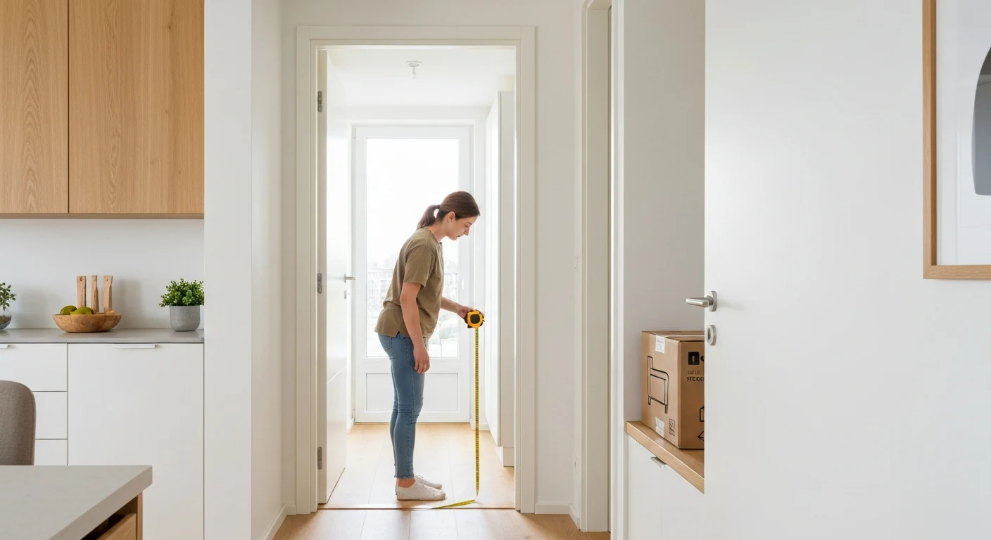 Person measuring a compact apartment doorway with a tape measure while a delivery box with furniture stands in the hallway, bright and practical scene