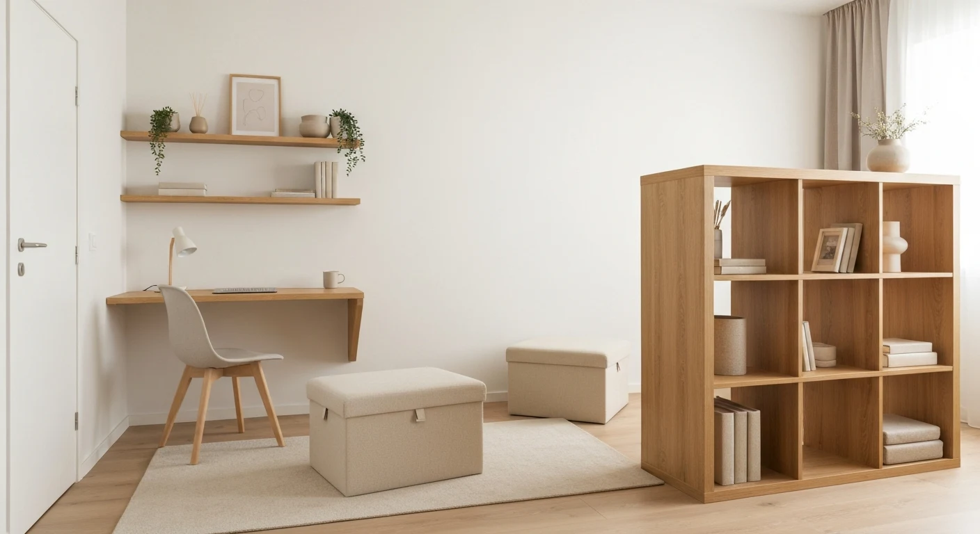 Cozy small apartment overview showing multiple multifunctional furniture pieces working together, storage ottoman as coffee table, wall-mounted shelf desk, cube room divider, warm inviting atmosphere