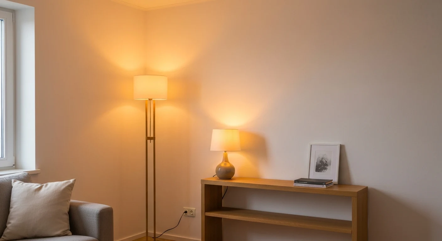 Bright cozy small apartment living room lit by a tall torchiere floor lamp in the corner and a table lamp on a console shelf, warm amber glow throughout, no ceiling fixture visible — keywords: "a