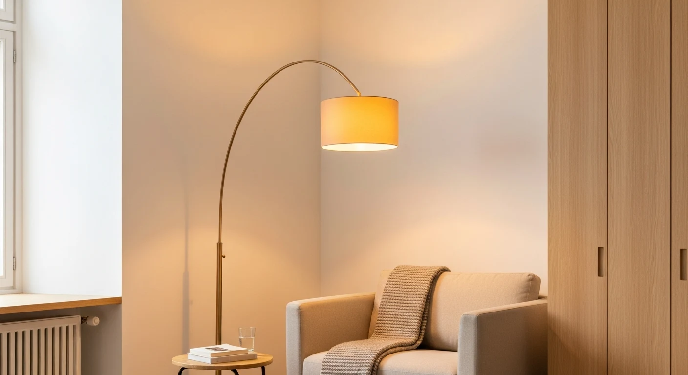 Arc floor lamp arching over small sofa in apartment living room corner with warm amber glow, textured throw blanket on armrest, small side table with a book and glass of water — keywords: "arc fl