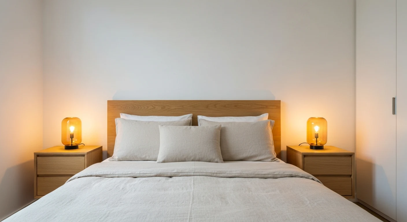 Small apartment bedroom with two matching warm amber bedside table lamps flanking a neatly made bed in neutral linen tones, soft cozy glow, no harsh overhead light — keywords: "bedroom bedside ta