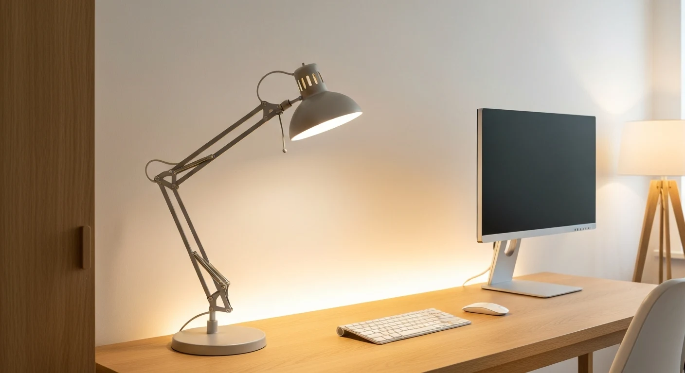 Clean minimal home office desk with articulated desk lamp angled over keyboard, soft glow of bias lighting behind monitor, warm floor lamp visible in background corner, no overhead light — keywords: &
