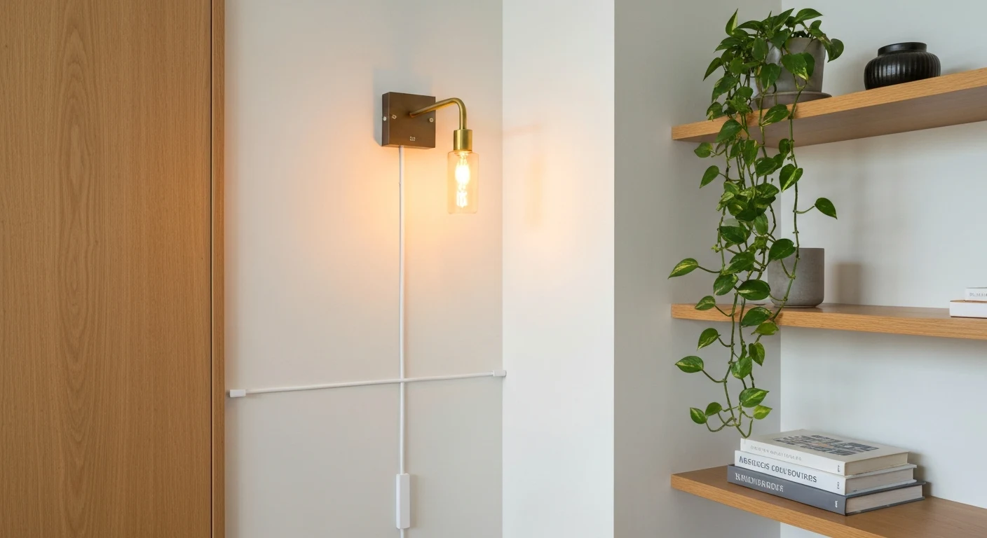 Apartment corner with plug-in wall sconce mounted beside a bookshelf with trailing plant, warm amber light, cord neatly routed in white raceway along the baseboard — keywords: "plug-in wall sconc