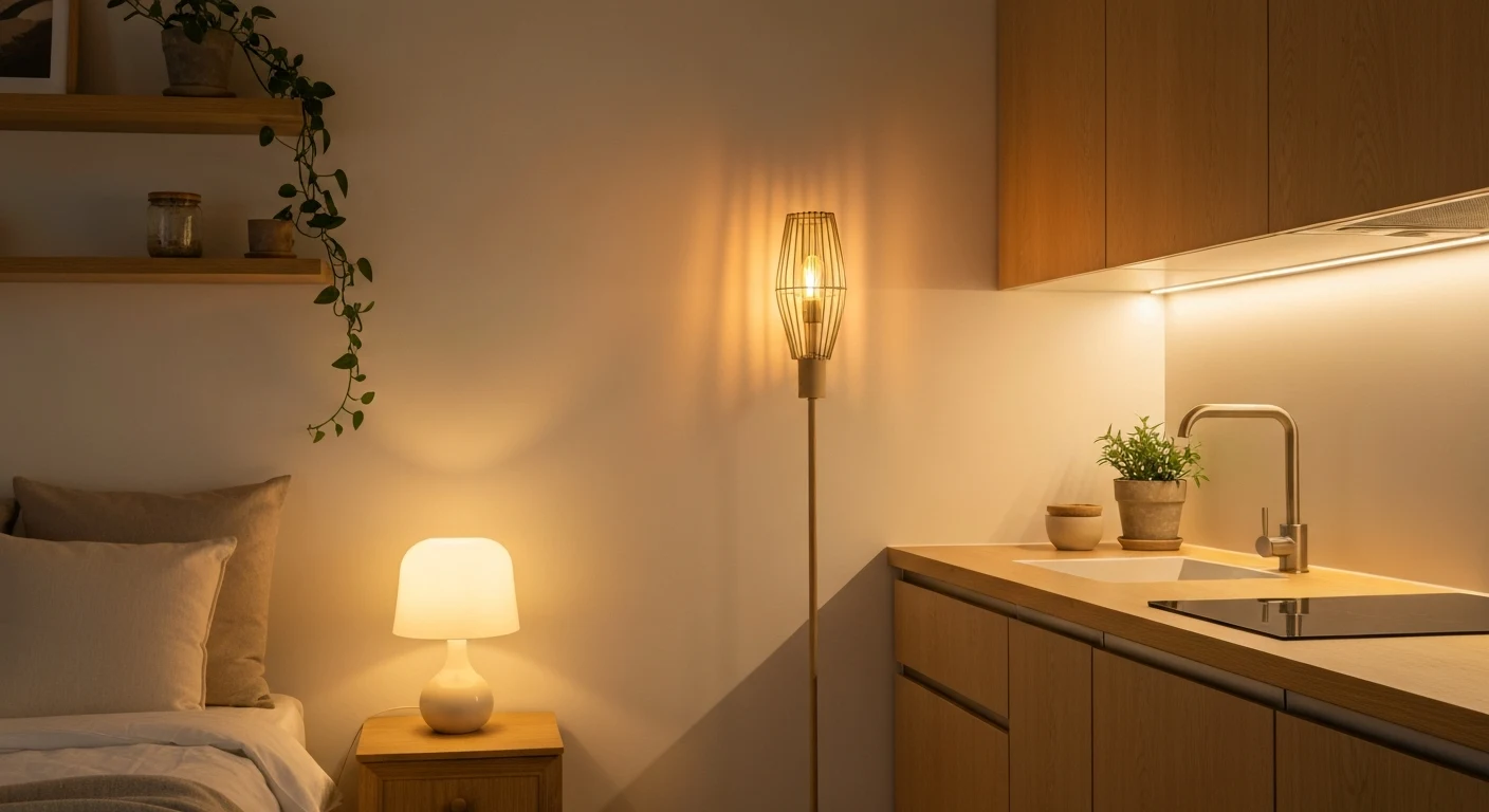 Warm inviting small apartment interior at evening with layered lighting from a torchiere floor lamp, bedside table lamp, and under-cabinet kitchen LEDs glowing softly, plants visible on shelf, cozy ne
