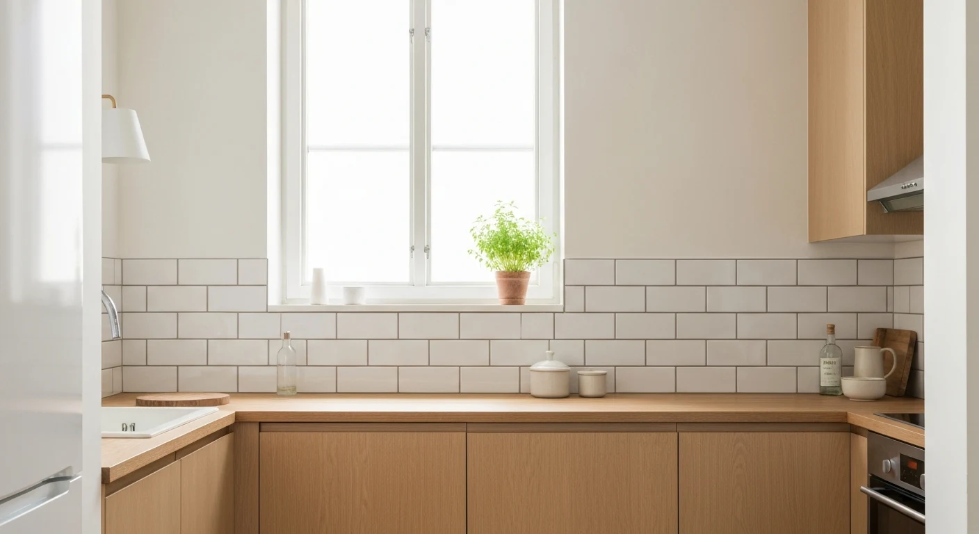 Bright small apartment galley kitchen with white subway tile backsplash, light wood countertops, small herb plant on windowsill, morning light streaming in, clean minimalist look, warm and inviting at