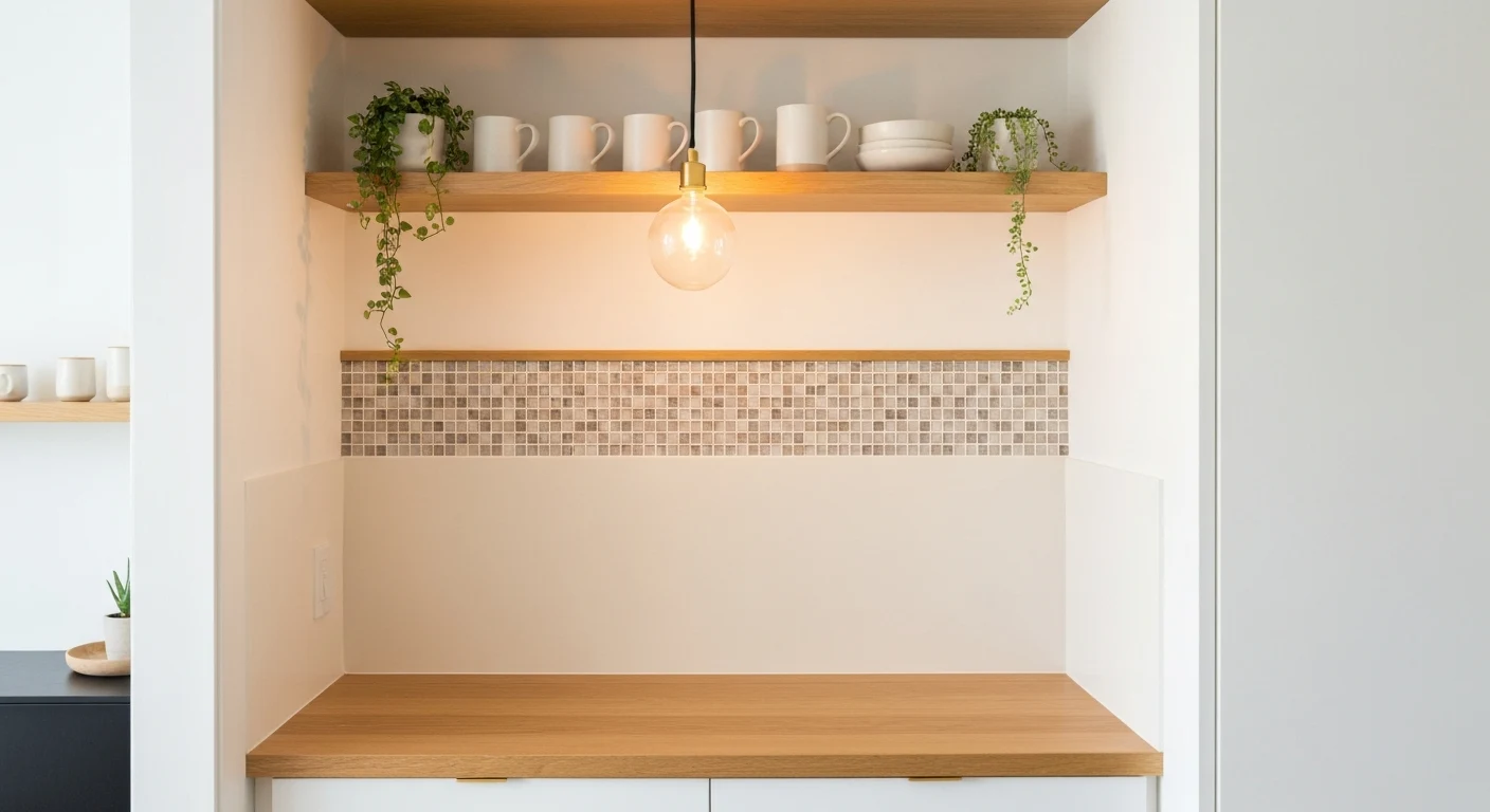 Small kitchen counter area with a decorative horizontal mosaic tile strip as backsplash accent against painted wall, open wooden shelves above with ceramic mugs and plants, warm pendant light, cozy mo