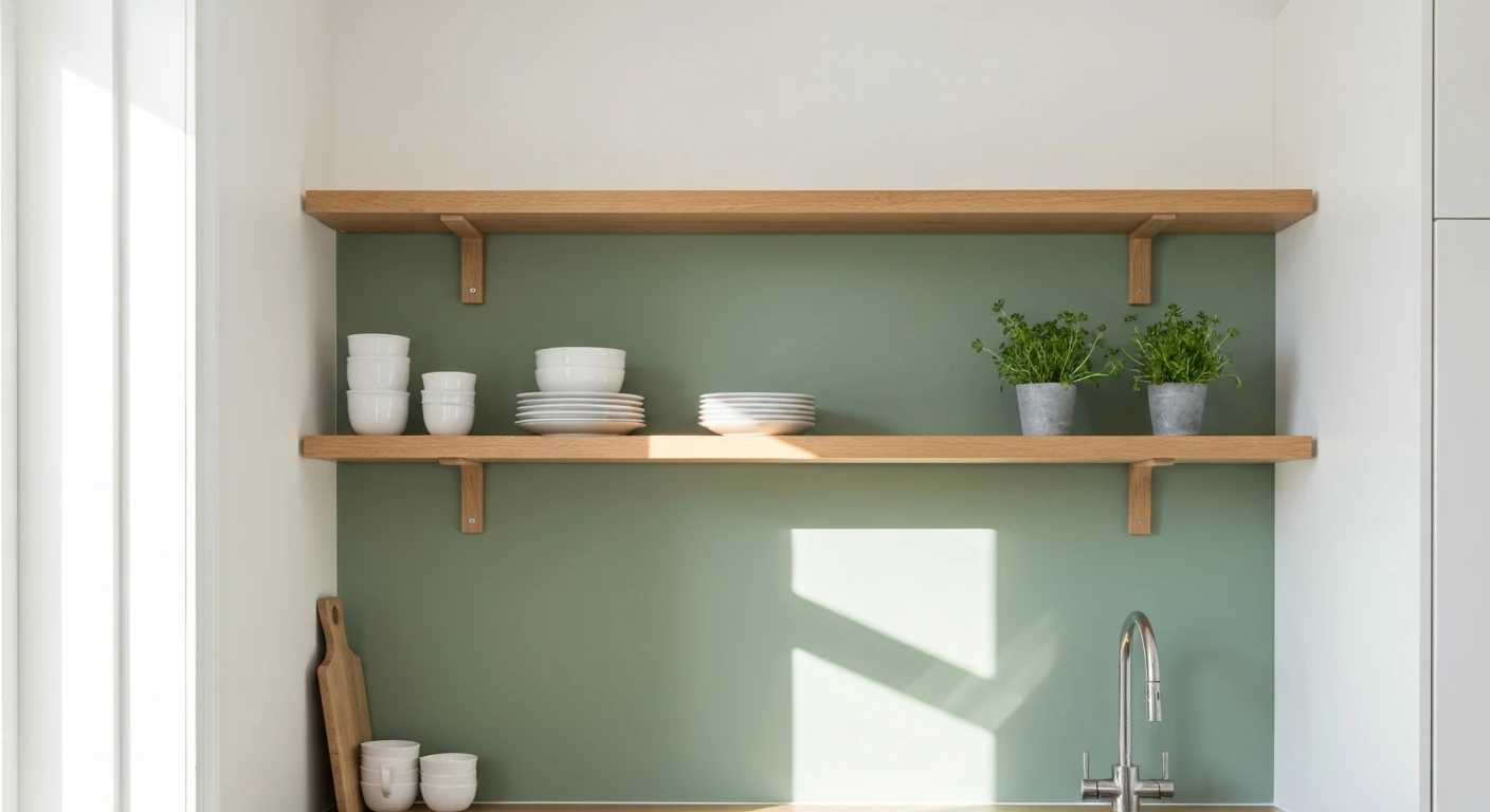 Bright small kitchen with two wooden floating shelves mounted on a sage green painted wall above the countertop serving as backsplash alternative, white ceramic dishes and small potted herbs on shelve