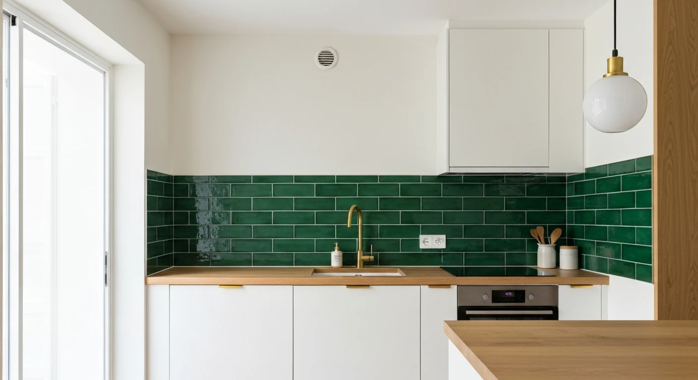 Small modern kitchen with a rich emerald green subway tile backsplash contrasting against white cabinets and light wood countertop, gold fixtures, one pendant light, clean and elegant small space desi