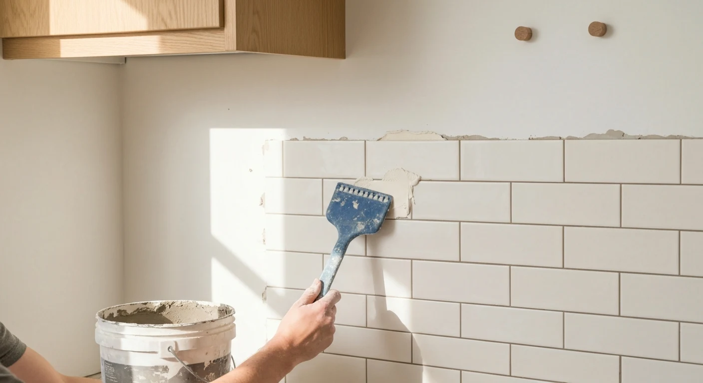 Person applying white grout between newly installed subway tiles on a kitchen backsplash with a rubber float, thinset bucket visible on counter, natural daylight, DIY weekend project in progress, cozy