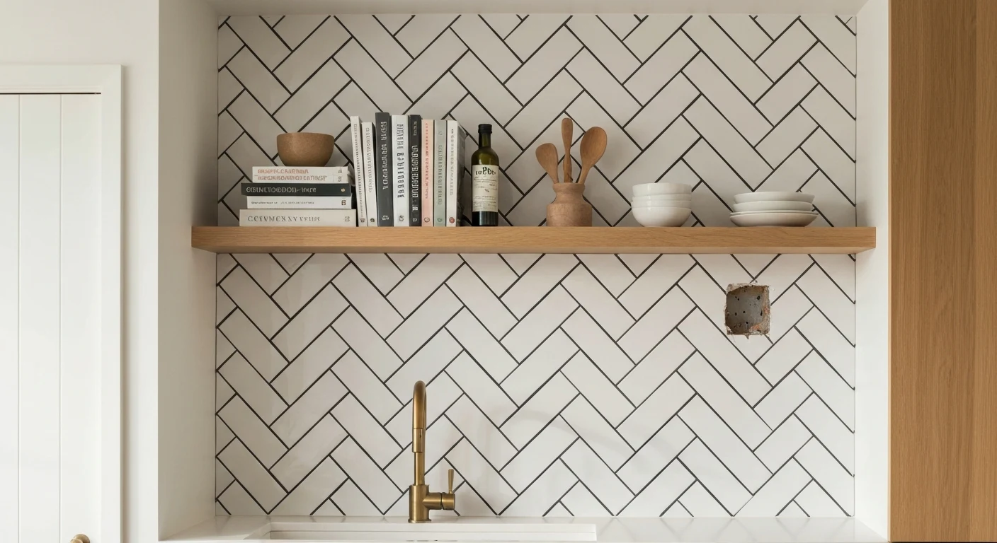 Completed small kitchen renovation with herringbone pattern white tile backsplash, dark grout lines creating contrast, open shelf with cookbooks and olive oil bottle, warm brass faucet, afternoon ligh