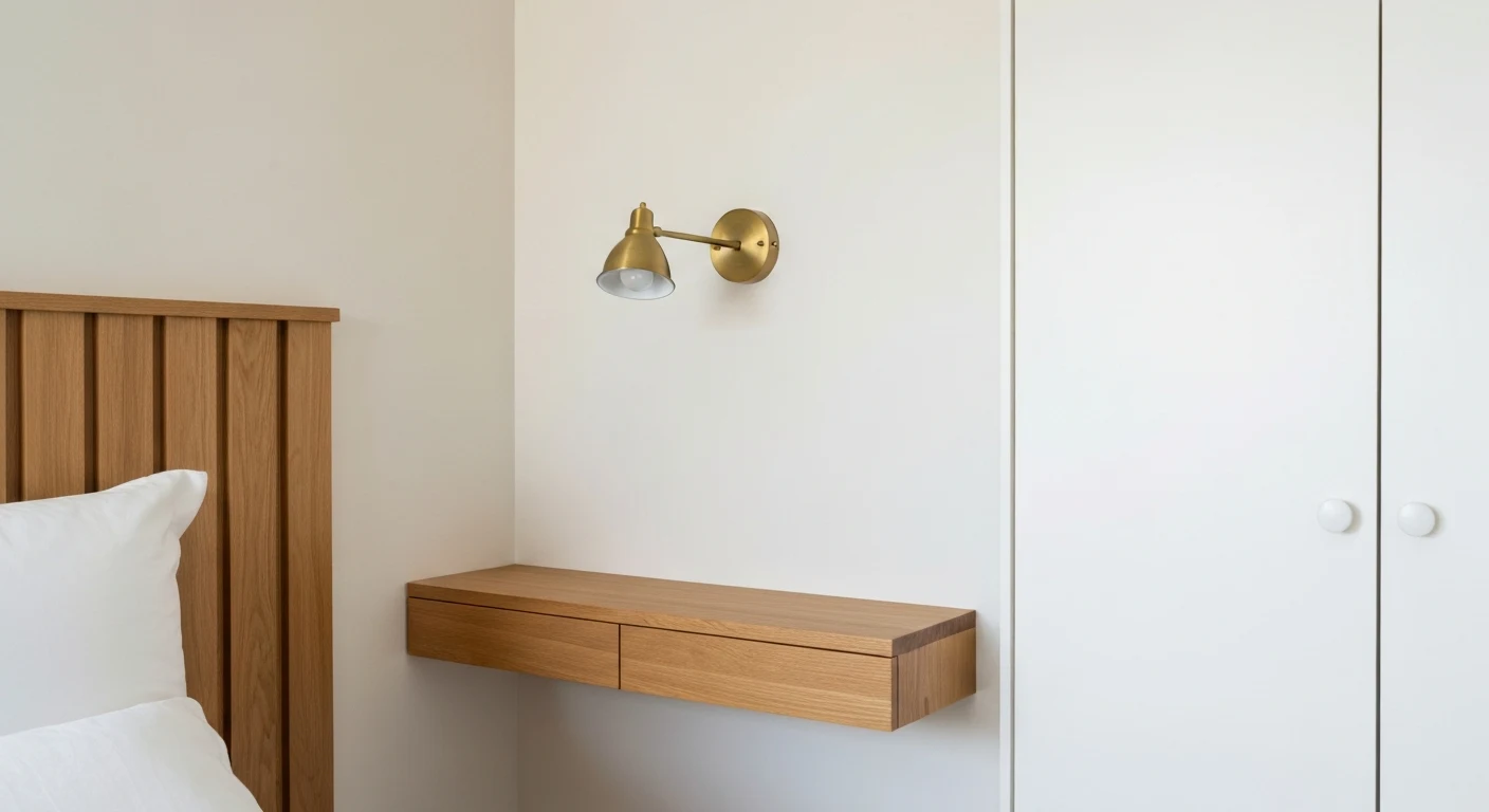 A floating wall shelf used as a nightstand alternative with a small brass wall sconce mounted above, ivory wall, honey oak shelf