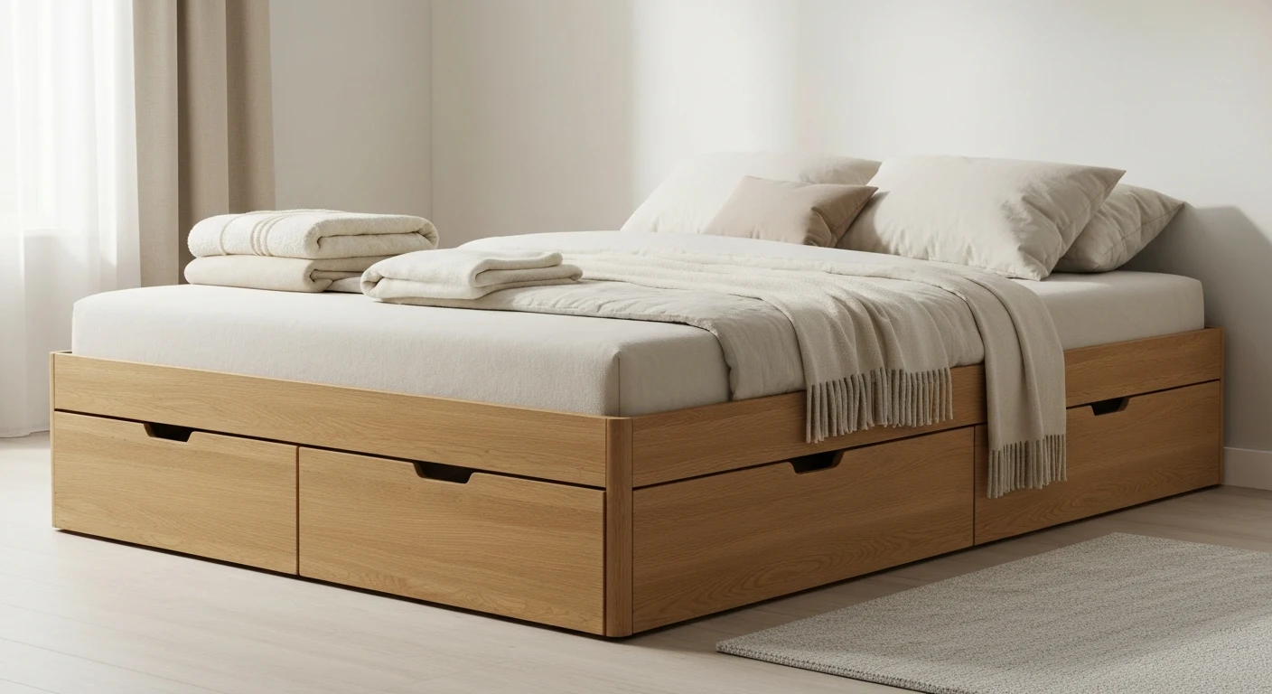 A storage platform bed with four under-drawers in honey oak, neatly holding folded linens and seasonal blankets