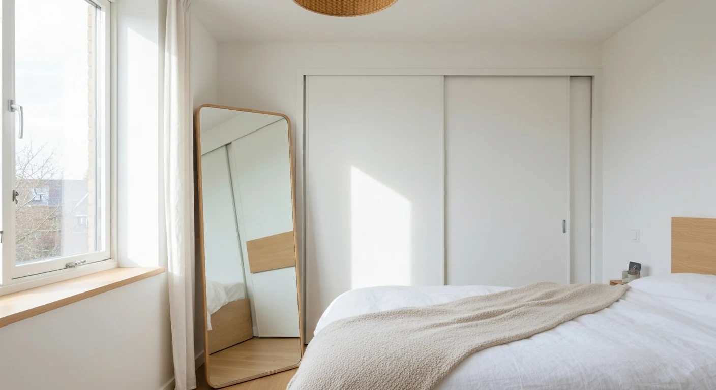 A small bedroom with a large full length mirror leaning against the wall opposite the window, bouncing morning daylight deep into the room