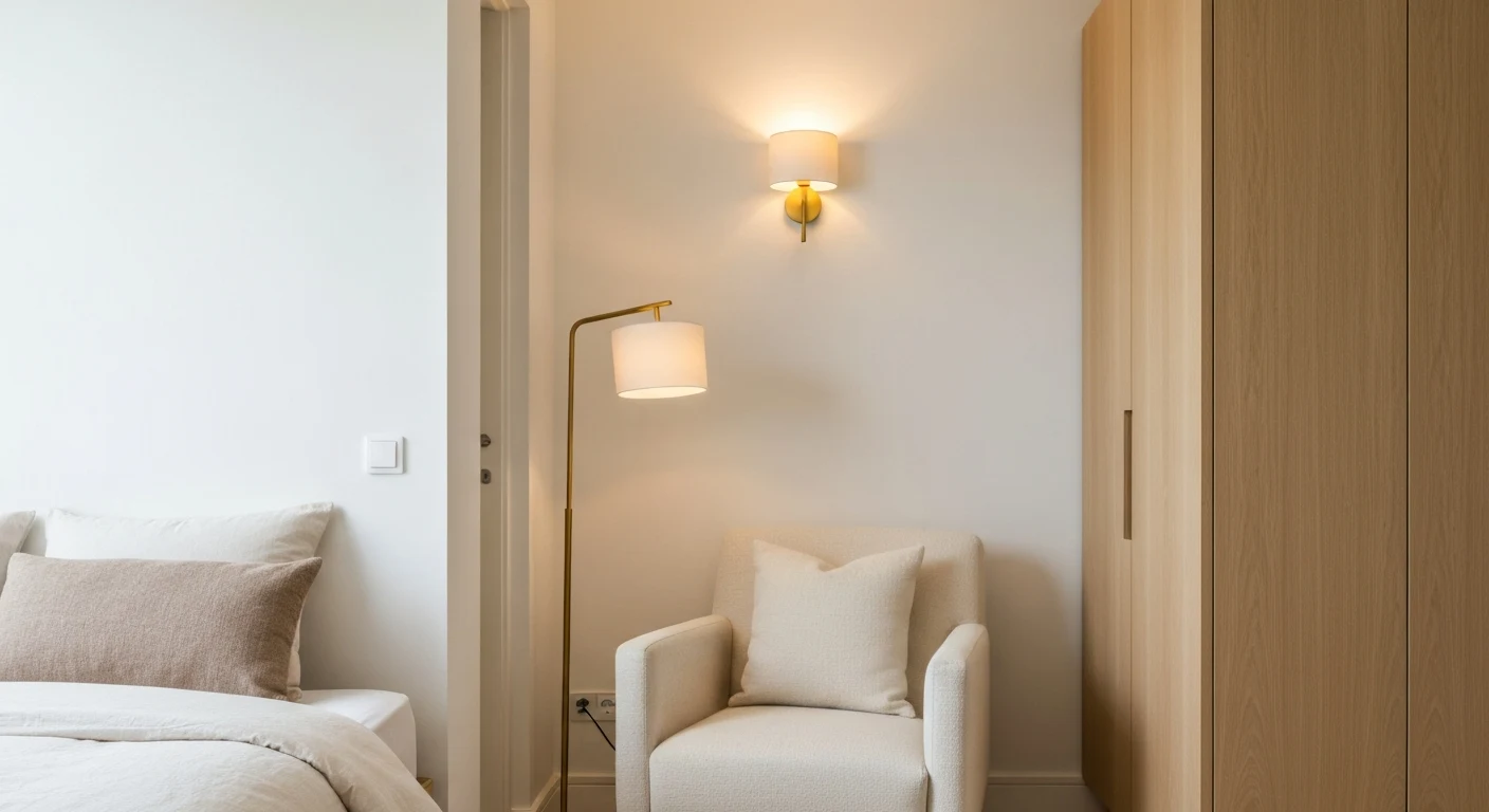 A small bedroom reading corner with a single armchair, layered lighting from a wall sconce and table lamp, warm cream textiles