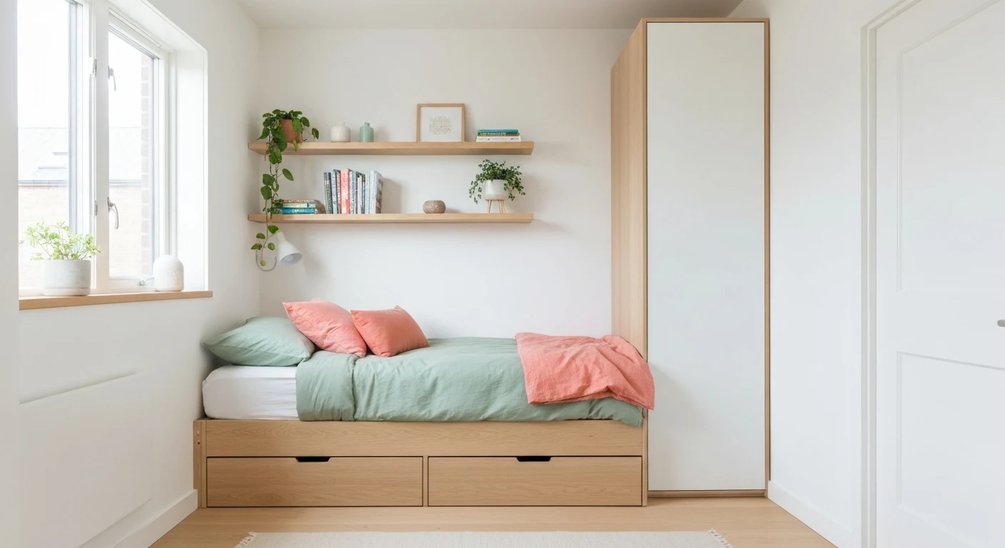 A bright, organized small bedroom (about 120 sq ft) with a platform bed featuring under-bed storage drawers, wall-mounted floating shelves with books and plants, and a slim freestanding wardrobe besid