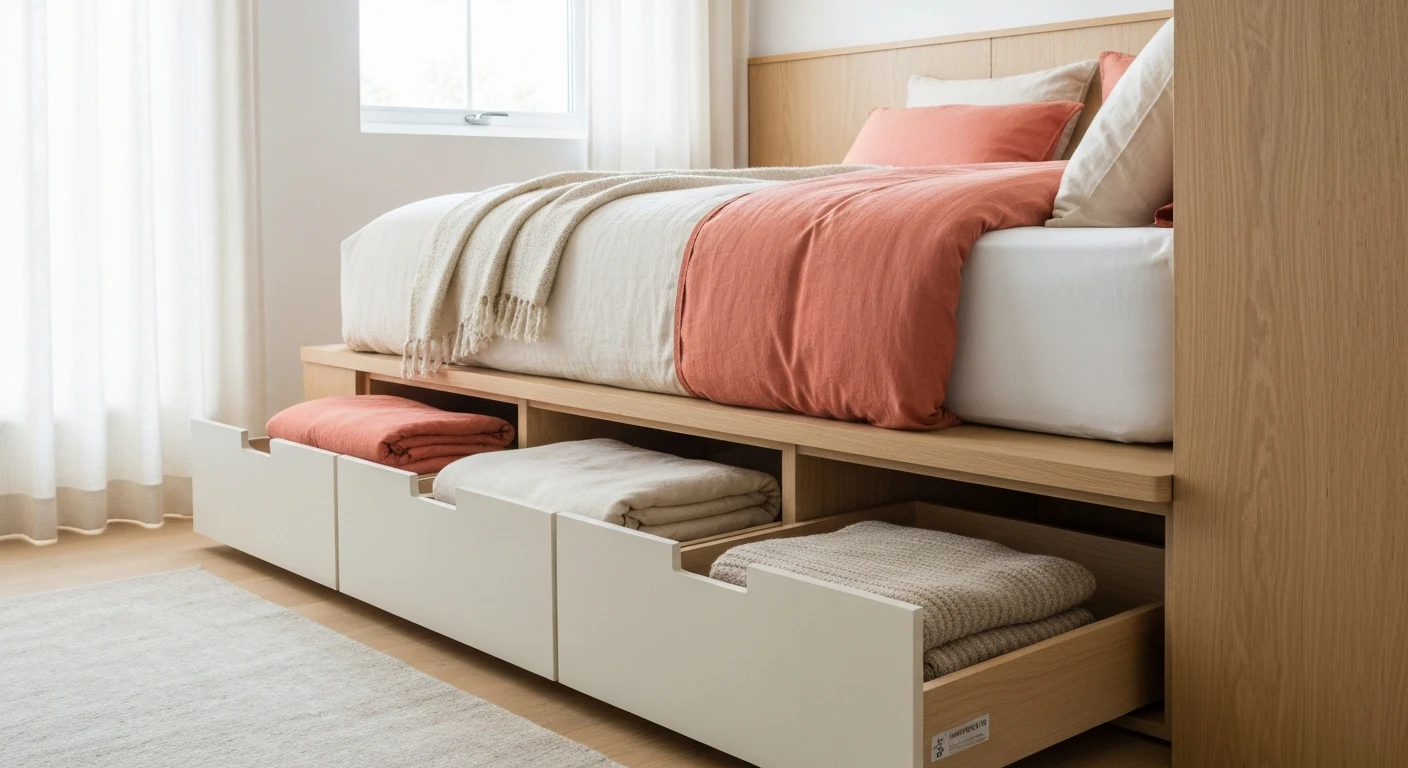 Close-up of a platform bed in a small bedroom with pull-out storage drawers partially open, revealing neatly folded linens and blankets. The bed has coral and cream bedding, a woven throw, and the roo