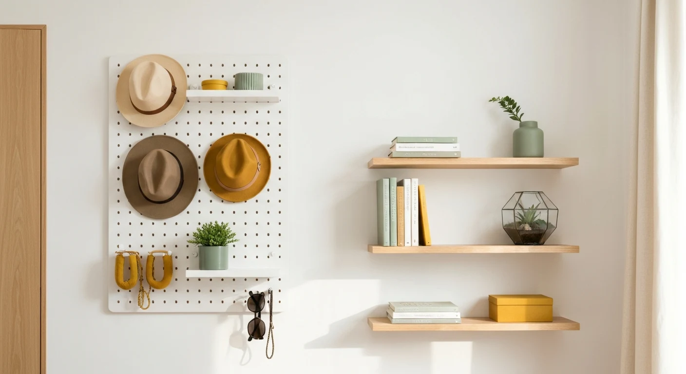 A small bedroom wall with a modern pegboard organizer holding hats, a small plant, sunglasses, and accessories next to floating shelves displaying books and a small terrarium. Warm natural light, whit