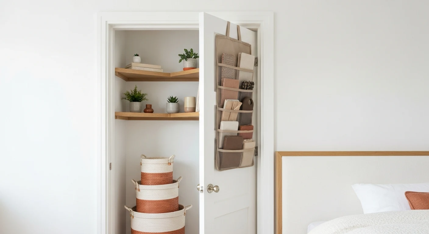 A bright bedroom corner showing a corner floating shelf arrangement with small plants and decorative items, an over-door organizer visible on the partially open door with neatly arranged accessories, 