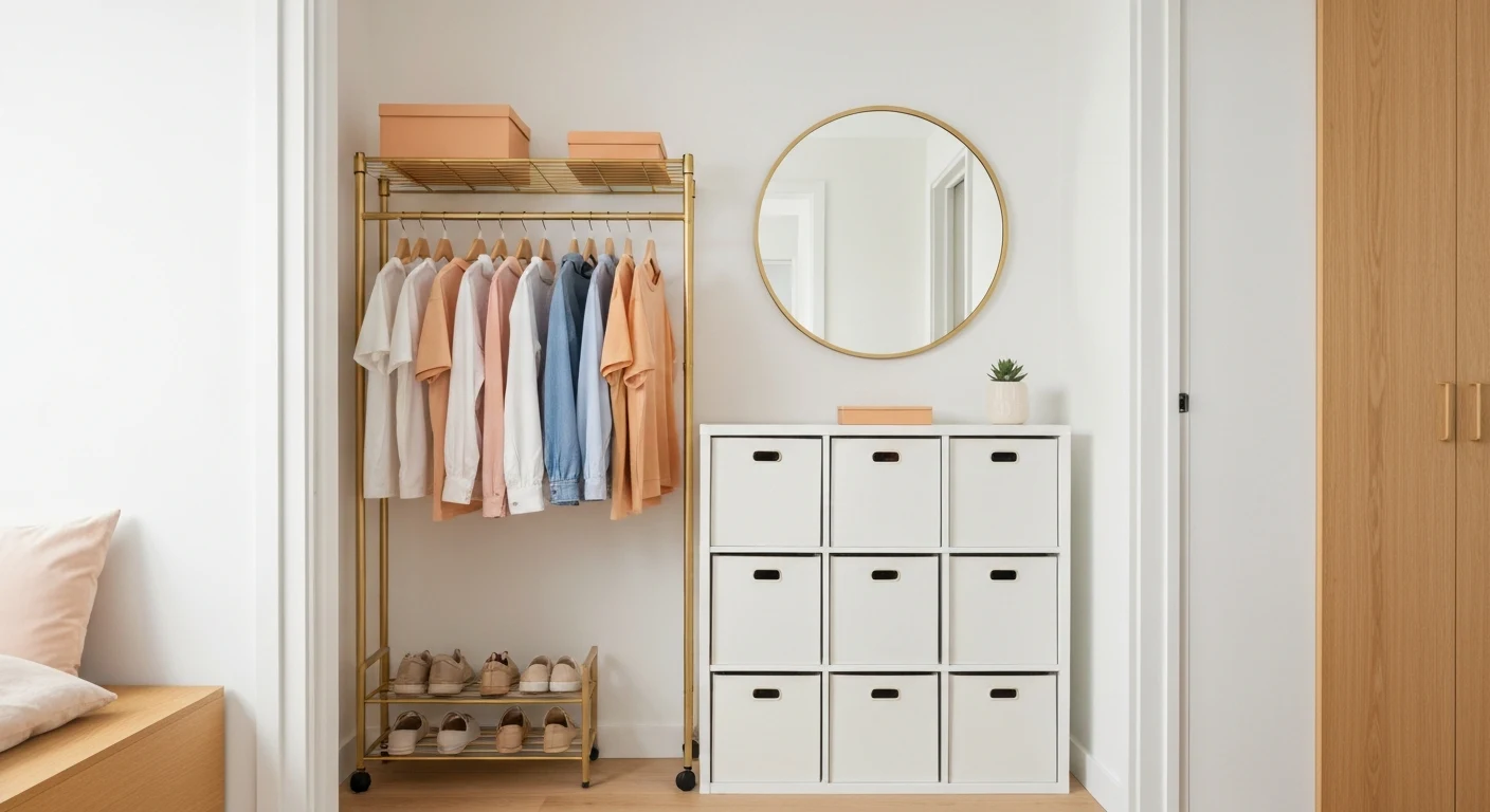 A neatly organized open closet system in a small bedroom showing a gold metal rolling garment rack with color-coordinated clothing, a white modular cube organizer with fabric bins below it, and a smal
