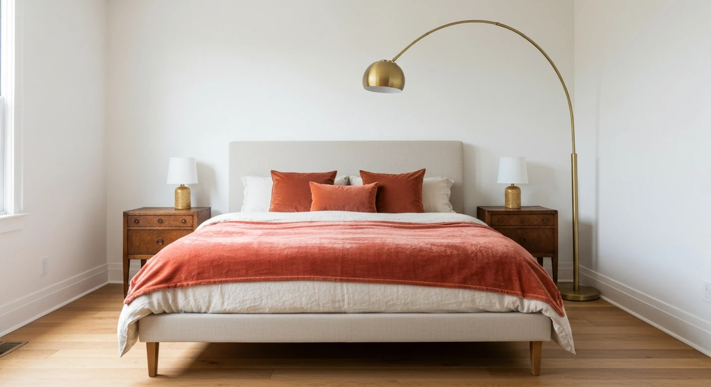 A queen-size upholstered bed in a small bedroom with the frame floating 20 inches from the side walls, two mismatched vintage nightstands, an ivory linen duvet layered with a coral velvet throw and ru